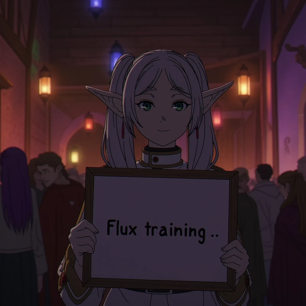 frieren, 1girl. smirk, holding, holding_board, with text "Flux training" written on it, text, roon, indoor, tavern, night, lights, lantern, blue_lantern, red_lantern, green_lantern, crowd, busy