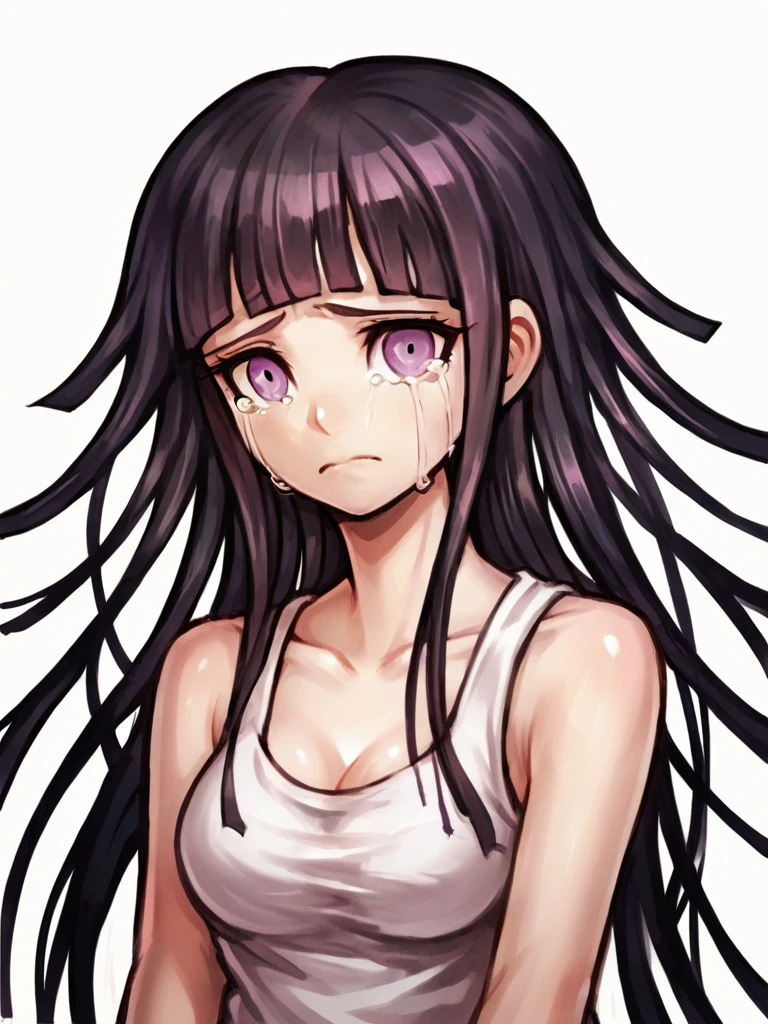 score_9, score_8_up, score_7_up, 
1girl, long hair, black hair, blunt ends, blunt bangs, messy hair, purple eyes, tears, frown, sad, looking at viewer, medium breasts, tank top, upper body, face, white background,