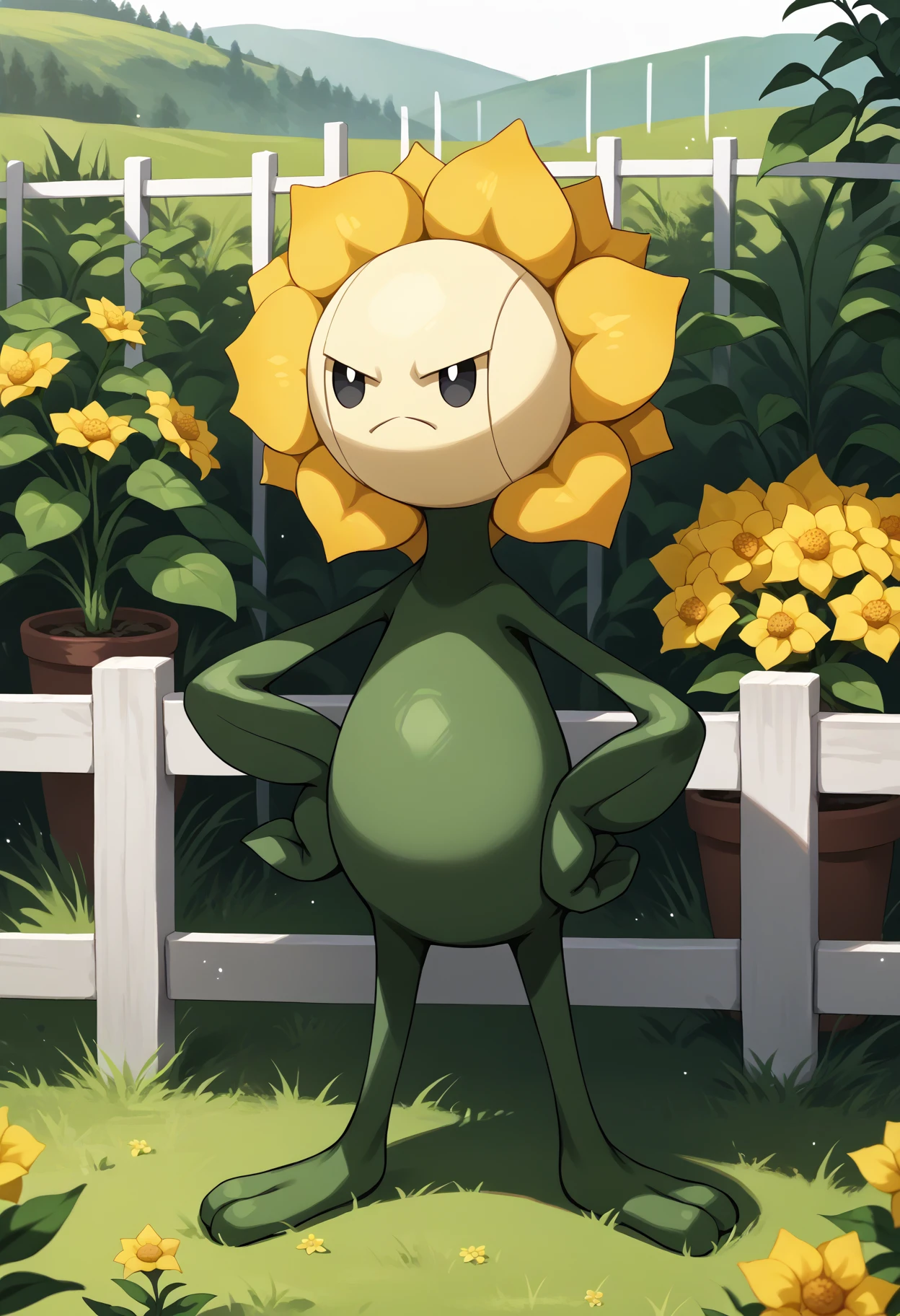 score_9, score_8_up, score_7_up, source_anime, full body, standing, hand on own hip, unamused, <lora:SunfloraPKMN-pdxl:1> sfl0r, pokemon \(creature\), no humans, yellow flower, black eyes, grass, white fence, potted plant