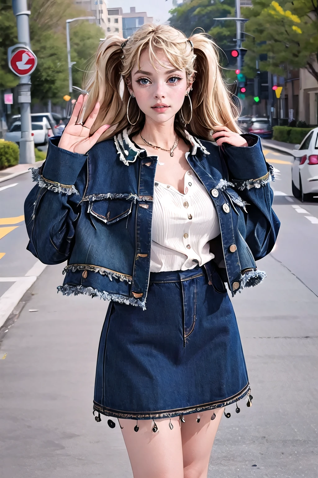 (masterpiece, best quality:1.2),illustration,8k,hd,1 girl,very long hair,solo,(collarbone:1.2),looking at viewer,twintails,(blonde hair:1.2),
Common,denim jacket,jewelry,denim skirt,denim,earrings,blue jacket,blue skirt,big breasts,sleeves past wrists,long sleeves,white shirt,necklace,outdoors,day,lake,extremely detailed dress,crystalstexture skin,front view,