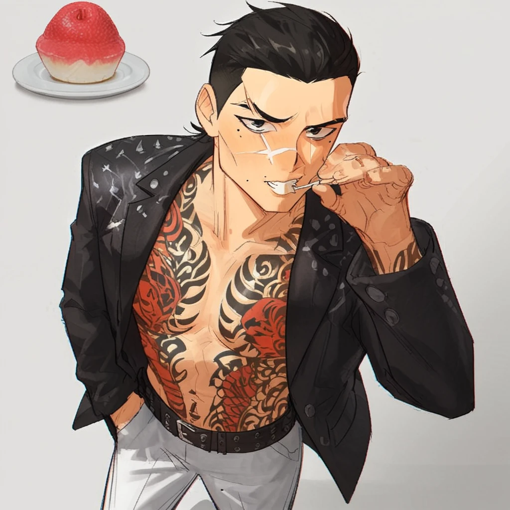 solo, looking at viewer, short hair, simple background, shirt, black hair, 1boy, white background, jacket, male focus, food, open clothes, belt, pants, black eyes, open shirt, tattoo, fruit, scar, eating, red shirt, scar on face, hand in pocket, white pants, beauty mark,ramonn90