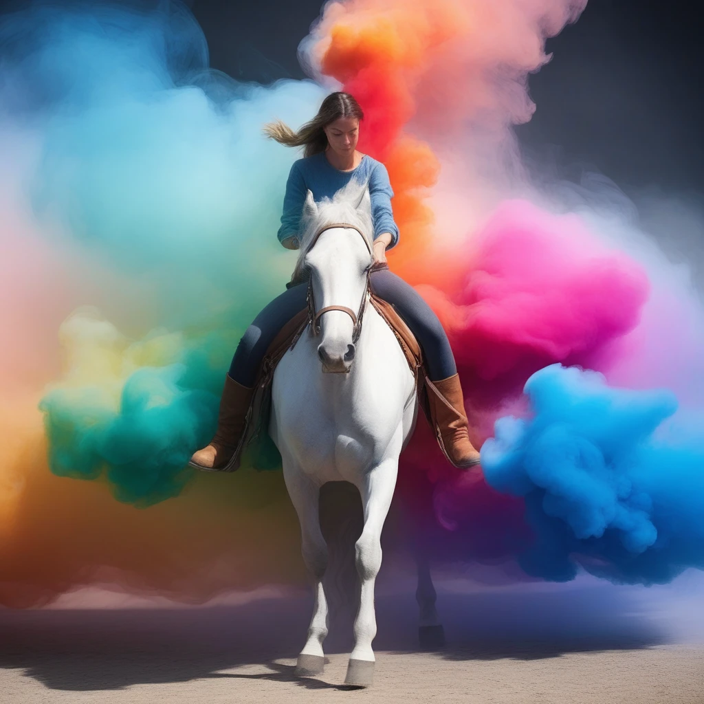 multicolored colorful smoke covering a woman mounting a horse