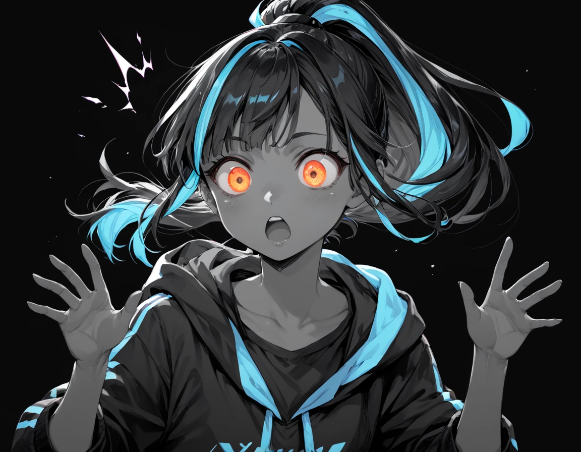 embedding:PonyScores7, 1 character, two-tone hair, black hair, cyan hair, Ponytail, orange eyes, purple       surprised, (black background), glow, neon,monochrome <lora:Style\Monochrome_Neon_Glow_Style:0.9>