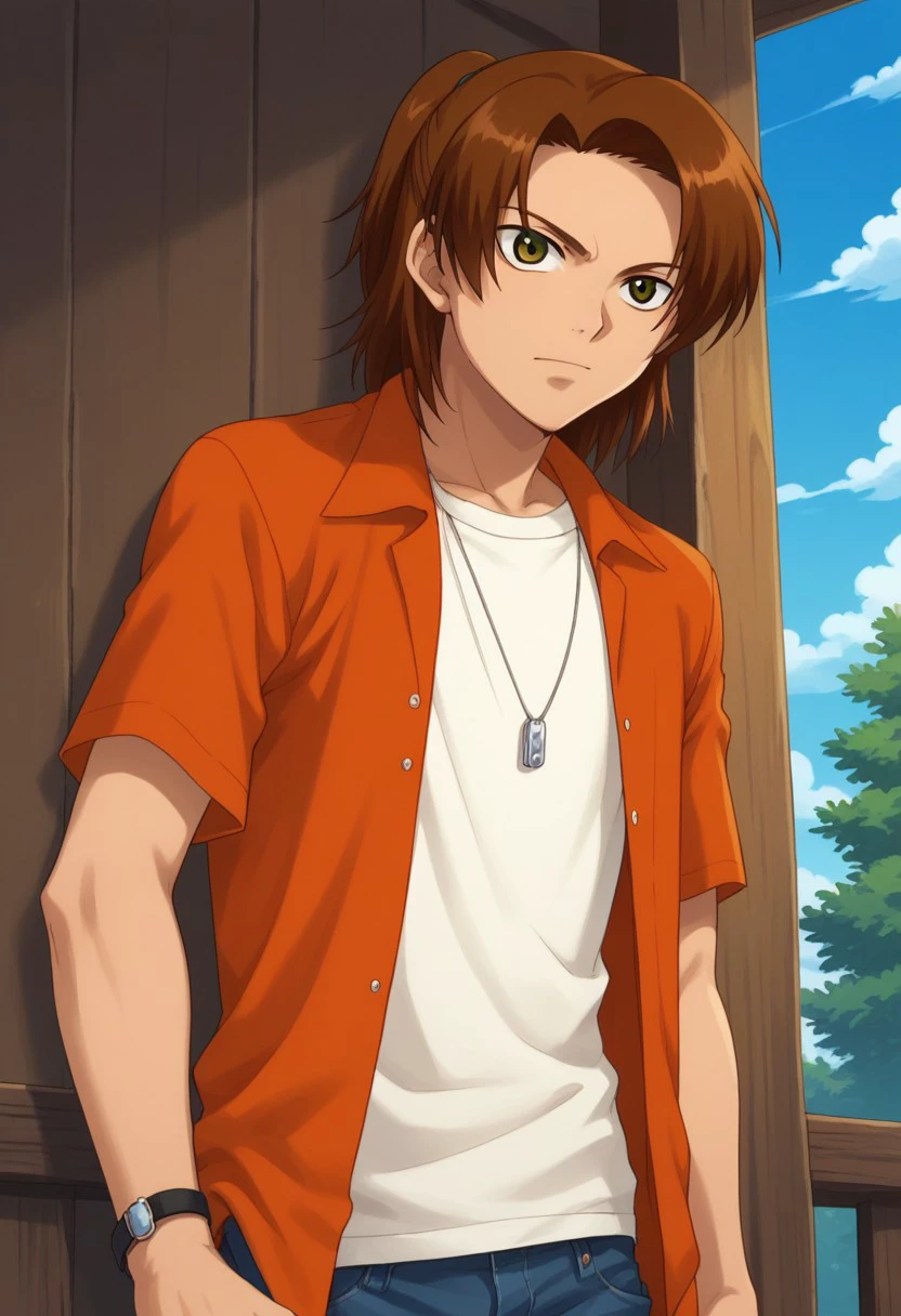 score_9, score_8_up, score_7_up, source_anime, highly detailed, 
masaru, 1boy, male focus, solo, brown hair, ponytail, green eyes, t-shirt, white t-shirt, orange shirt, open shirt, open clothes, short sleeves, pants, jeans, denim, jewelry, dog tags, upper body,
outdoot, sky, cloud, tree