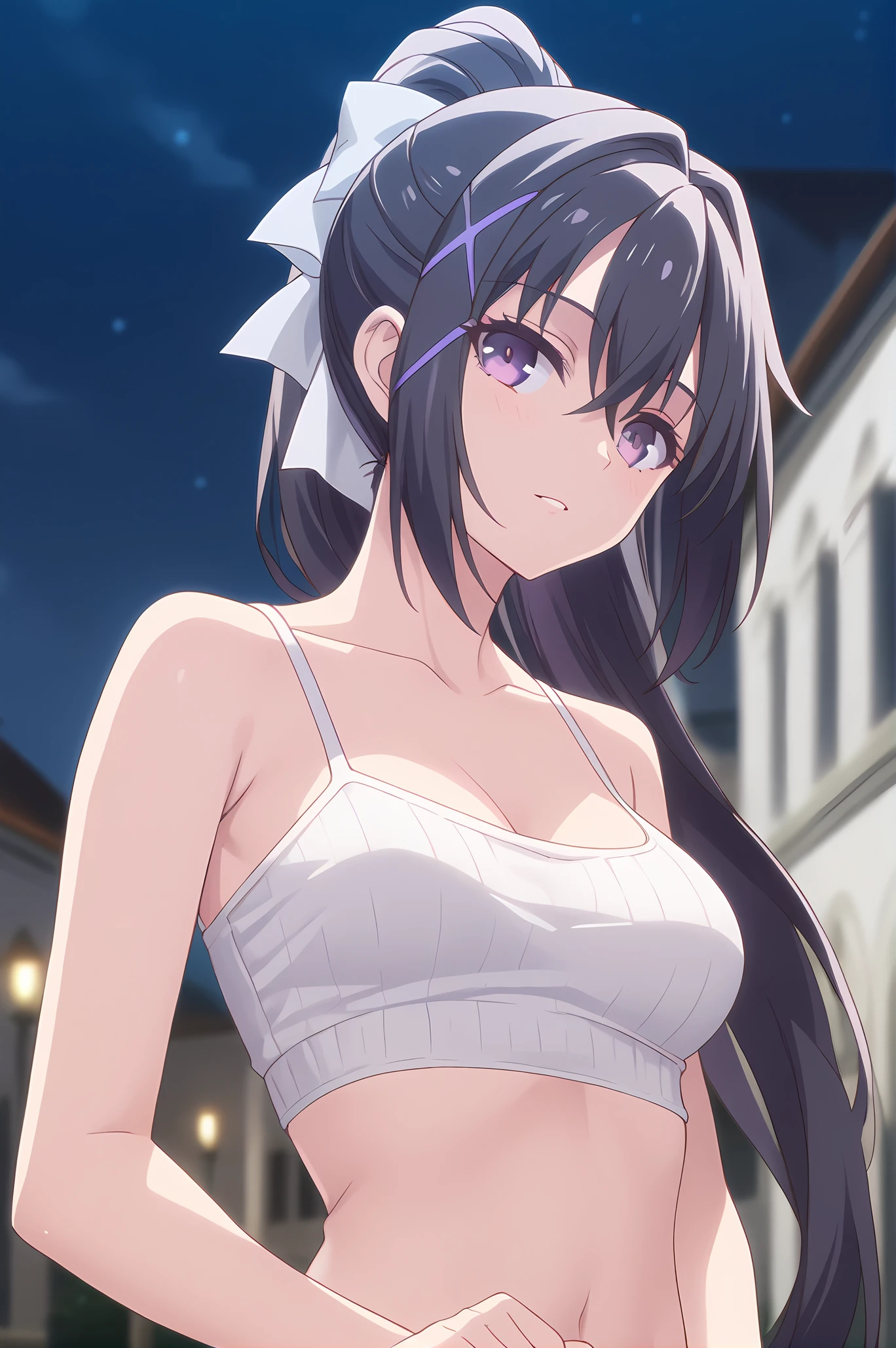 (upper body:1.20), gg-nel, purple eyes, black hair, ponytail, x hair ornament, medium breasts, 1girl, solo, skinny, score_9, score_8_up, score_8, score_7_up, score_7, score_6_up, score_6, score_5_up, score_5, source_anime, horny, night sky outdoors, (full body:1.20), (:1.20), feet, <lora:gg-nel-V01-000003:1.00>