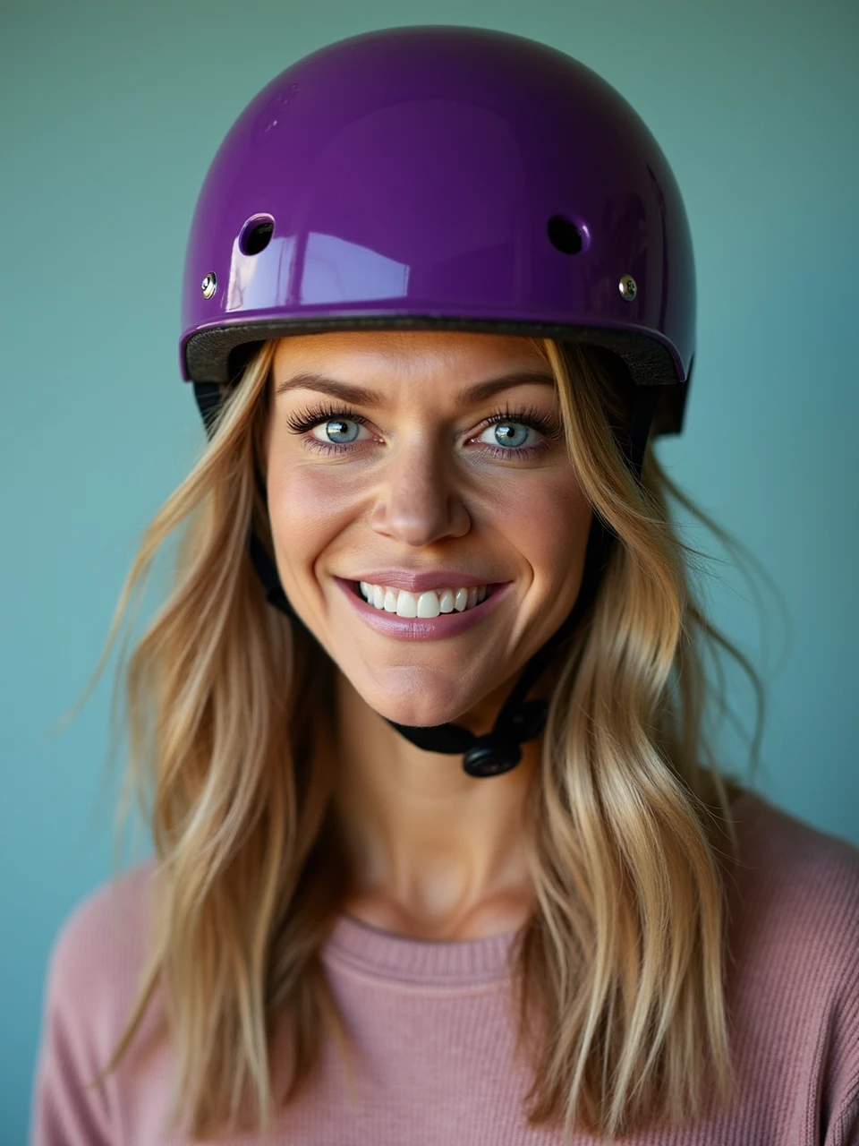  retro filter,  woman k4tl1n,film grain, kaitlin olson,  woman she is posing in a professional studio for her headshot, she is wearing a purple bicycle helmet backwards

