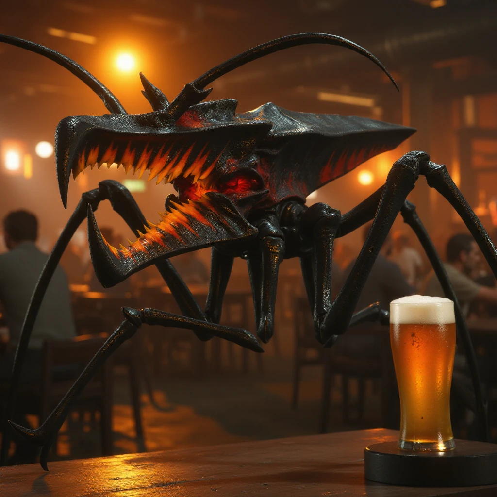 Starshiptroopers bug is a giant insect in a a pub having a beer <lora:Starshiptroopers:0.9>