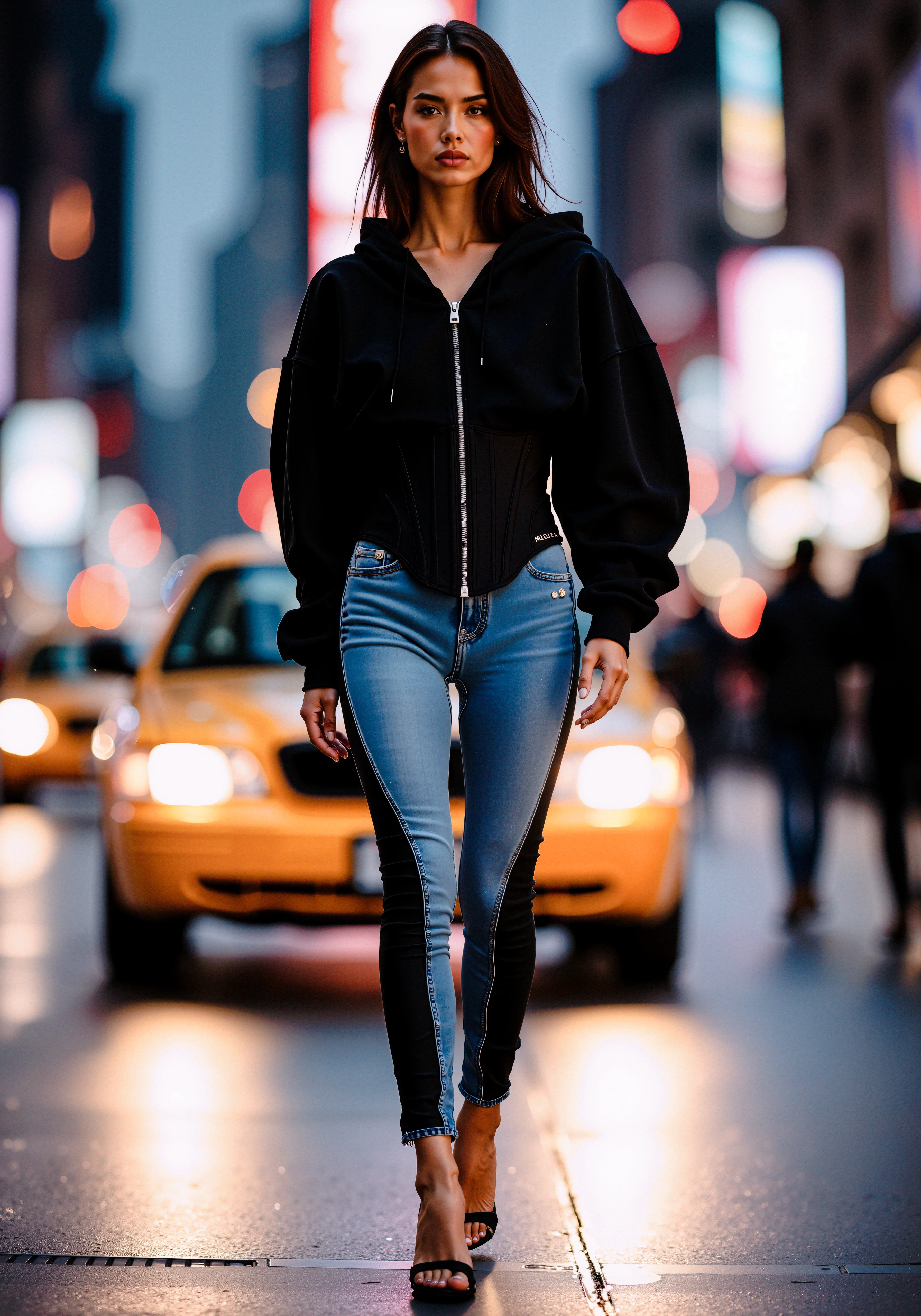 The model strides confidently through a bustling city street at night, exuding elegance and power with every step. Her expression is poised and focused, with a subtle fierceness in her gaze as she moves effortlessly through the urban scene. The bright city lights and yellow taxi in the blurred background provide the perfect backdrop for her commanding presence. She walks with purpose, her long legs accentuated by the sleek outfit and the confidence in her posture. The dynamic motion of her stride makes her appear as though she's in control of the city around her.

She is dressed in an oversized black Mugler hoodie with a front zipper, the loose fit of the hoodie giving it a casual, yet elevated look. Underneath, a black corset cinches her waist, adding structure and shaping her silhouette. The Mugler logo is subtly placed on the side of the corset, giving the outfit a luxurious touch. Below, she wears high-waisted, fitted jeans with a unique design: the front features light blue denim, while black fabric extends down the sides, creating a bold contrast and giving the jeans a modern, fashion-forward feel. The outfit is completed by black heeled sandals, which elongate her legs and give her stride a sense of elegance and power.

The background is alive with the energy of a city at night. The blurred lights from passing cars and streetlamps create a warm glow that reflects off the wet pavement, adding texture to the scene. The iconic yellow taxi and towering buildings in the distance give the image a quintessential urban feel. The setting is both dynamic and cinematic, as if the city itself is a part of her story.

The mood is one of effortless confidence and control. The model walks with determination, her powerful stride suggesting she owns the night. The combination of high-fashion elements—like the structured corset and unique denim design—with the casual, oversized hoodie gives the look an edgy, street-chic vibe. There’s a perfect balance of sophistication and rebellion, as though she’s blending the worlds of high fashion and urban streetwear into a seamless statement.

The camera angle is low, capturing her from the side as she strides forward, making her appear larger-than-life. The city lights create a soft bokeh effect in the background, highlighting her as the clear focal point of the image. The lighting is soft yet dramatic, casting enough shadow to emphasize the contours of the corset and jeans while keeping the overall image moody and vibrant with the glow of the city.