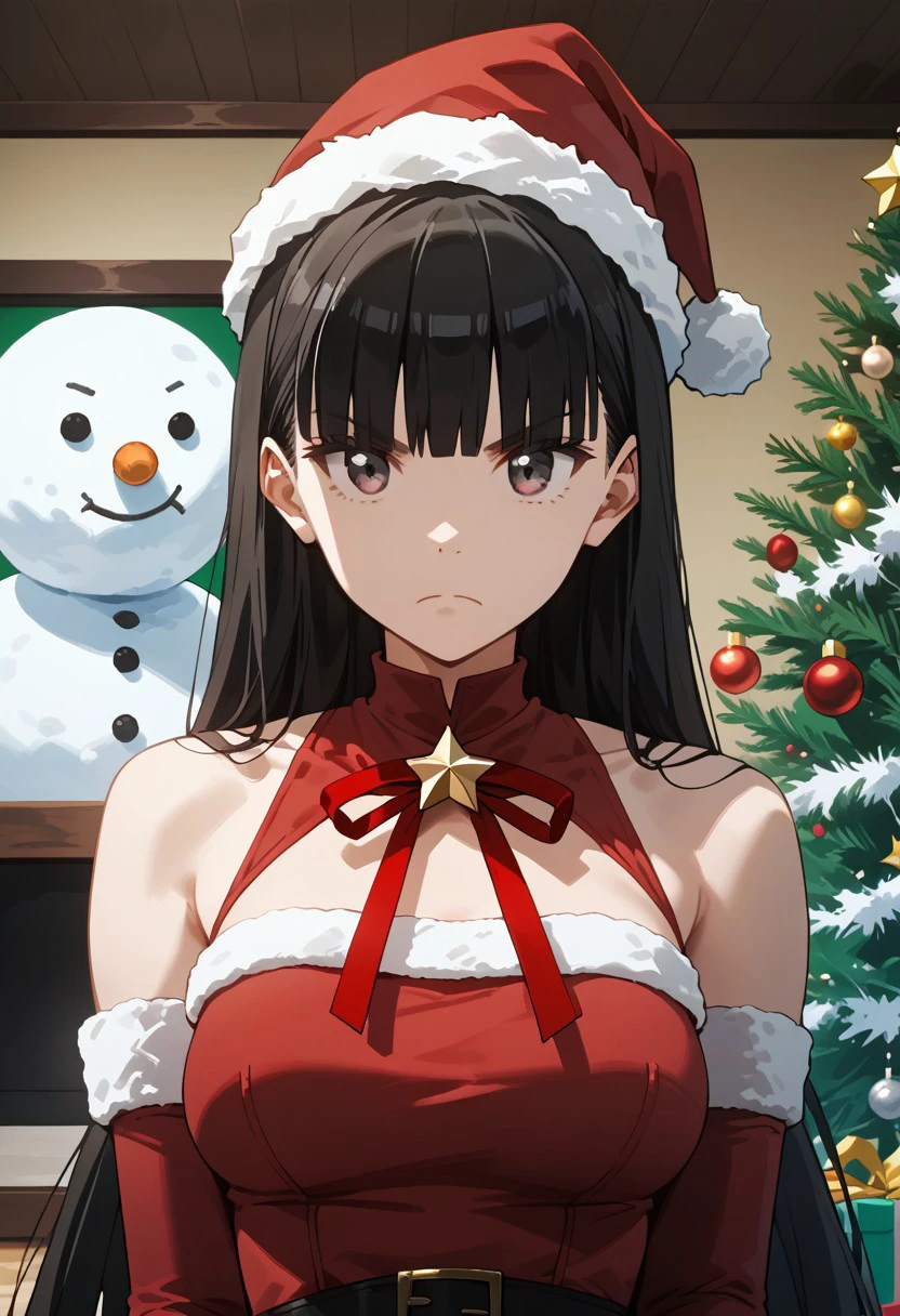 score_9,score_8_up,score_7_up,source_anime, Kasumi,1girl,solo,breasts,gloves,dress,hat,closed mouth,bare shoulders,medium breasts,upper body,sleeveless,indoors,elbow gloves,blunt bangs,star \(symbol\),frown,red dress,christmas,red gloves,gift,santa hat,santa costume,christmas tree,snowman,christmas ornaments,christmas stocking,