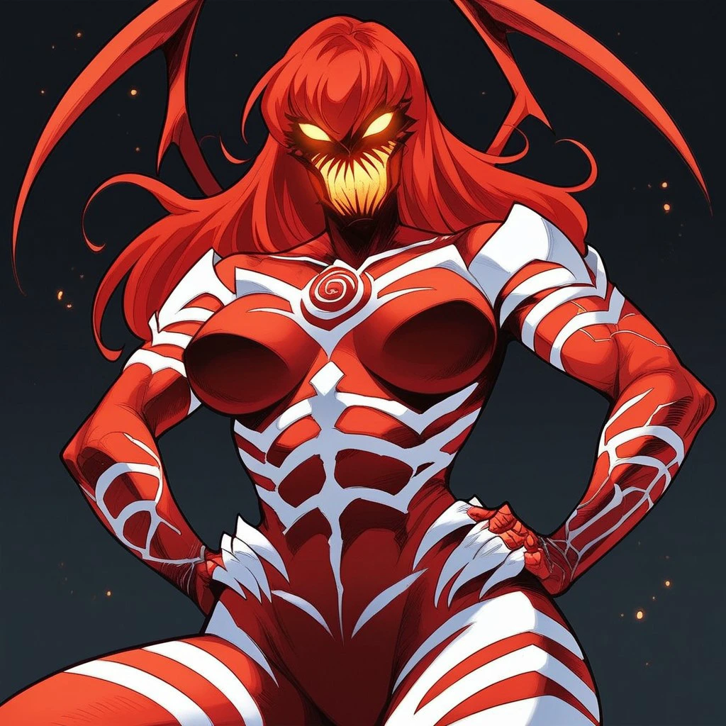 score_9, score_8_up, score_7_up, Expressiveh,  masterpiece, best quality, highly detailed, realistic, (zPDXL3), 1girl, solo, (MiseryMV, monster girl, symbiote, red body, white body, two tone body, red hair, long hair, yellow sclera, no pupils, yellow mouth, claws, back tentacles, hand on hip) low-angle view, close-up, featureless crotch, standing, smile, open mouth, looking at viewer, black background, simple background, uncensored