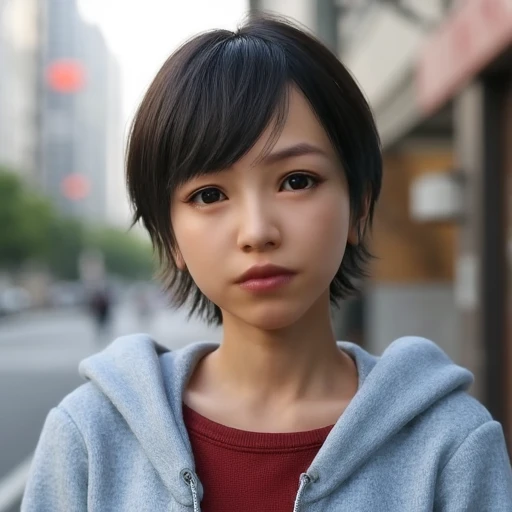 Upper-body photo of hrkswmr. She has short hair and is wearing a grey hoodie with red t-shirt underneath. She has a serious expression. The background implies a Japanese city street at daytime.