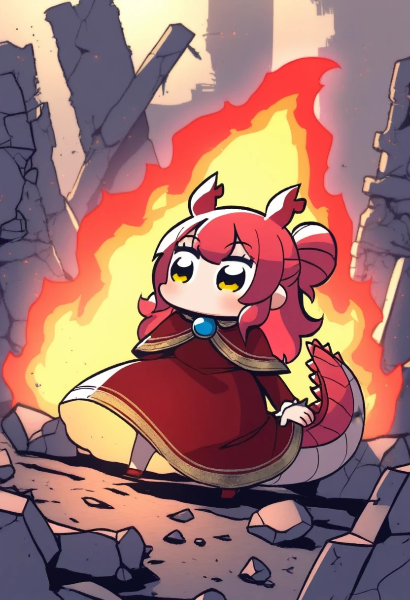 (noodlenood:0.5), (negiwo:0.75), neki_(wakiko), naga u, bkub, Solo, Villainess, red-hair, long-hair, half-updo, fire-mage, long-dress, red-dress, gold-trim, fire, ruins, monster-girl, dragon-tail, dragon-horns, sticker, dragon-symbol,
absurdres, highly-detailed, best quality, masterpiece, amazing shading, detailed illustration,