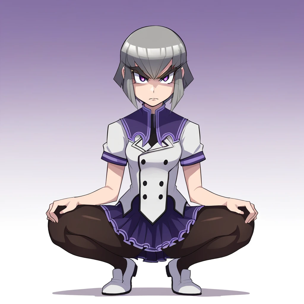 score_9_up, BREAK, Megatron, 1girl, solo, grey hair, short hair, purple eyes, thick eyebrows, school uniform, white shirt, skirt, black pantyhose, white footwear, <lora:Megatron_RYUSEI-R_PXL_Leaf3:0.8>, gradient background, squatting, spread legs,