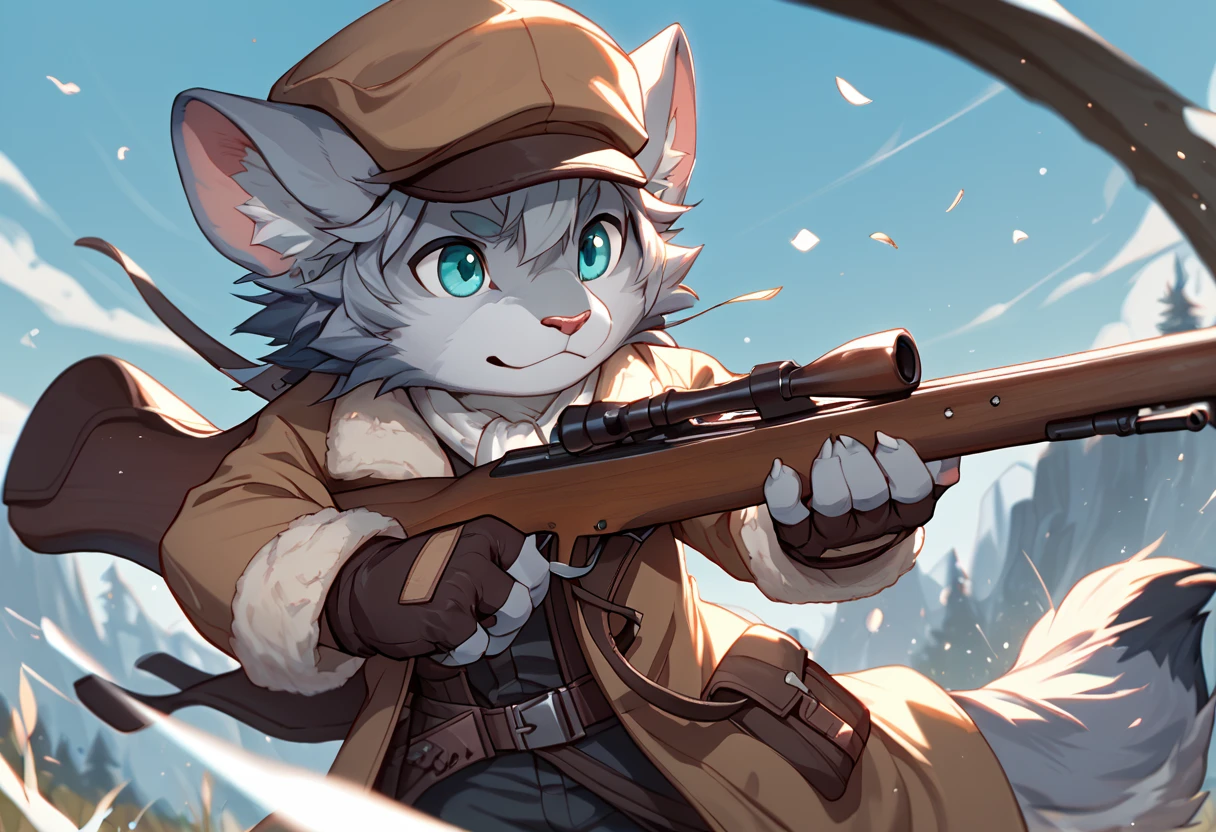 score_9, score_8_up, score_7_up, high quality, hires, 4K, solo, patxi, f4te_gr4nd_0rder, male focus, furry, turquoise eyes, grey fur, animal ears, tail, hat, coat, fingerless gloves, cute, chibi, weapon, rifle, <lora:Patxi_Fate_Grand_Order:1>