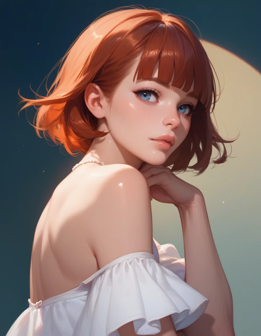 (score_9,score_8_up,score_7_up,score_6_up), 1girl, solo, auburn hair, bob hair, hair down to shoulders, blunt bangs, lips, nose, blue eyes, white dress