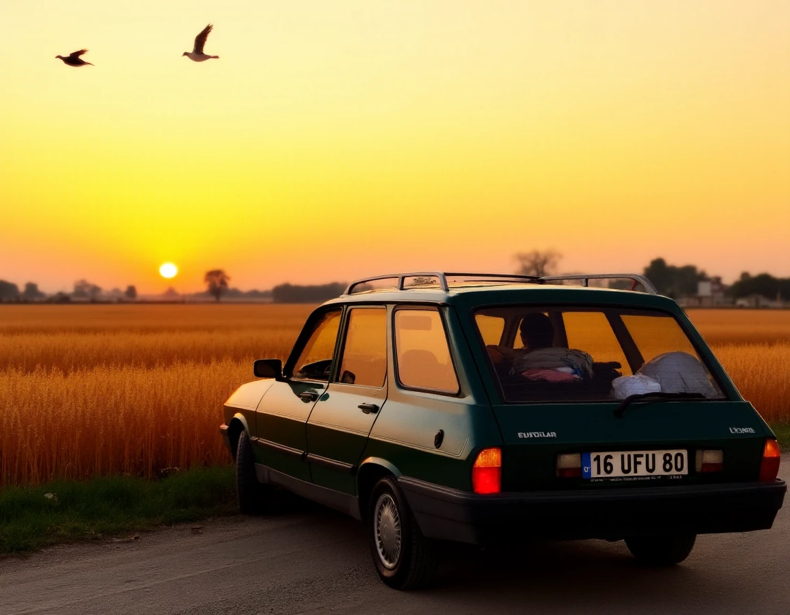 This is a vintage photo from 1970's.
In the golden glow of sunset, the Renault 12 Toros SW is parked at the edge of a sprawling wheat field in central Anatolia, captured from the side. The station wagon, with its dark green paint slightly dusty from the unpaved road, stands quietly beside a field of tall, swaying wheat that stretches out to the horizon. The carâs side profile reveals its practical, no-nonsense shape, with its long roofline and spacious rear perfect for hauling farm supplies. A few tools and bags are visible in the open backseat, while a flock of birds flies overhead, silhouetted against the deepening orange and purple sky. The warm, fading light highlights the curves of the car and the texture of the wheat, creating a peaceful, rustic atmosphere. The distant silhouette of a small farmhouse and the sound of cicadas fill the air, evoking a serene, end-of-day tranquility, where the Toros SW feels at home in the Turkish countryside, embodying durability and simplicity.
"16 UFU 80" is written on the license plate. There's a driver in the car.
 <lora:uai_R12Toros_v104:1>