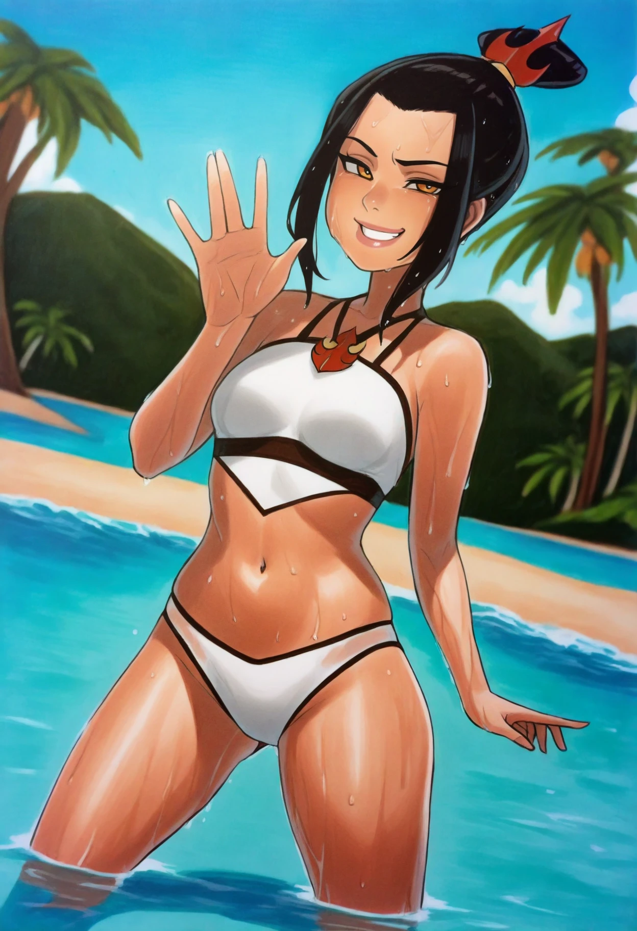 omardogan, marker \(medium\), traditional media,
best quality, amazing quality, very aesthetic, absurdres,
1girl, azula waving at viewer and standing in water, black hair, white swimsuit, navel, midriff, wet,
smile, looking at viewer, solo, sea, blue sky, tropical island background   <lora:OmarDoganIllustriousXL_byKonan:1>  <lora:AzulaIllustriousXL_byKonan:1>