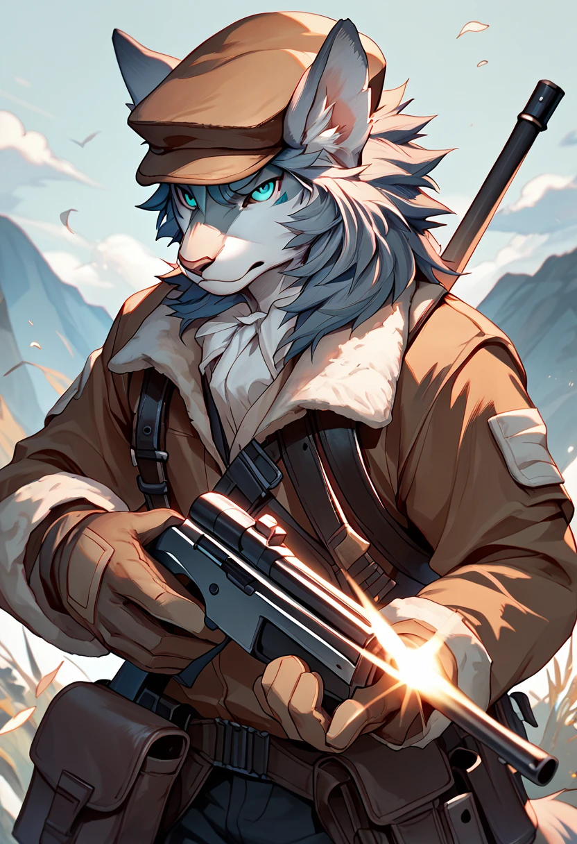 score_9, score_8_up, score_7_up, high quality, hires, 4K, solo, patxi, f4te_gr4nd_0rder, male focus, furry, turquoise eyes, grey fur, animal ears, hat, gloves, holding weapon, gun, looking at viewer, <lora:Patxi_Fate_Grand_Order:1>