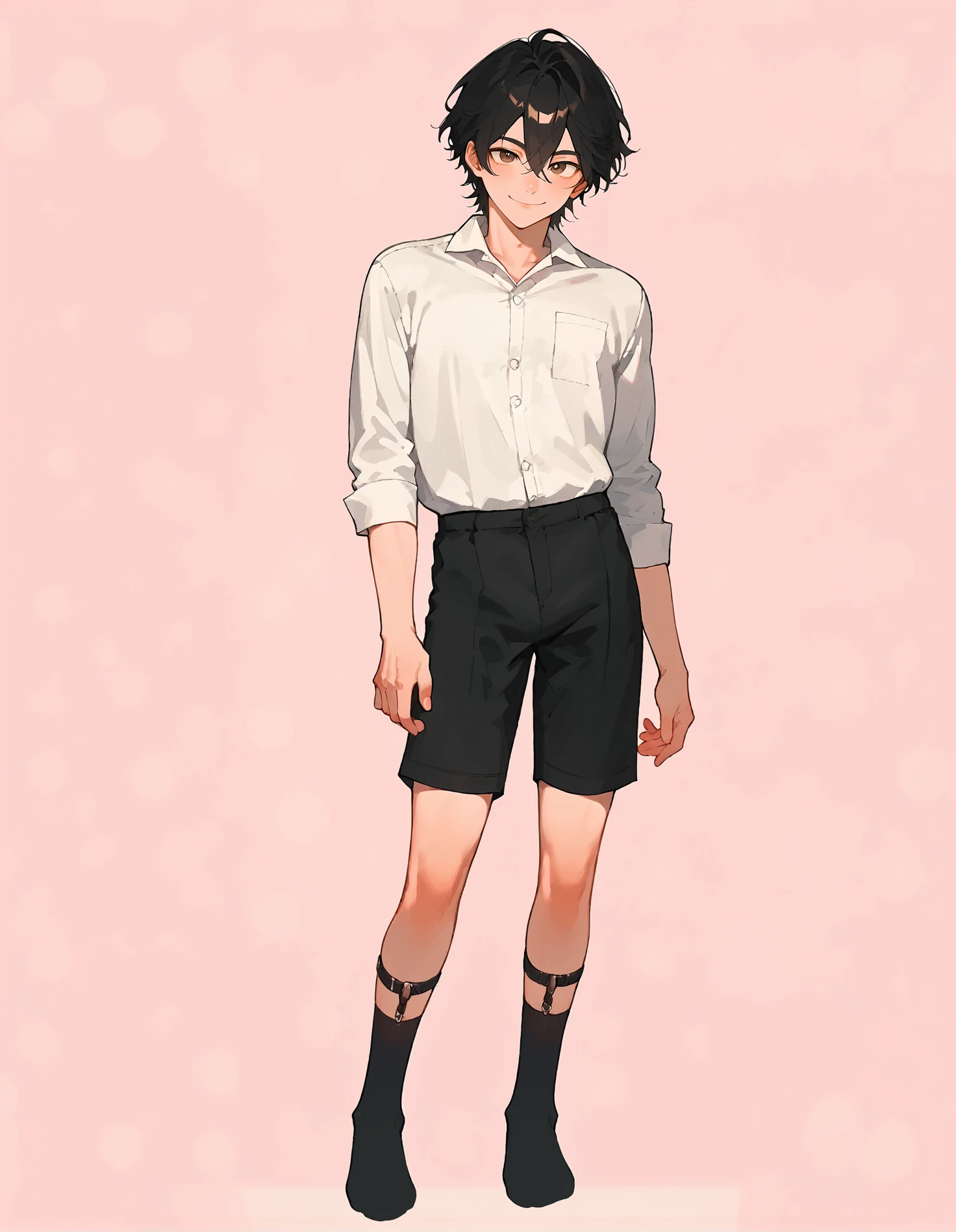 <lora:AFAE:1> (full body:1.4)
score_8_up, score_7_up, score_6_up, source_anime, 1boy, solo, simple background, pink background,
standing, pose, contrapposto, facing viewer
smile, bishounen, black hair, hair between eyes,
sock garter , black socks, 
black shorts, white shirt, collared shirt <lora:Sock_Garter:1>