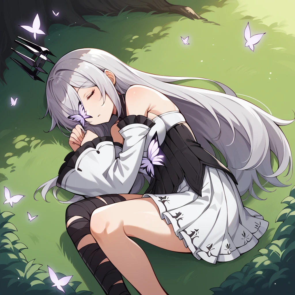 score_9_up, score_8_up, score_7_up, source_anime, 1girl, solo, Hela, AG_Alt, sun light, trees, bushes, ruins, pillar, lying on back on grass, raised hand, sleeping, closed eyes, relaxed, parted lips, bend knee, from above, from side, foot, grey hair, long hair, one eye covered, purple eye, white butterfly, hair over one eye, black crown, crown, black corset, corset, alt halterneck, covered breasts, frilled dress, black thighhighs, single thighhigh, asymmetrical legwear, turtleneck, shoulder strap, white bra, sleeves past wrists, pleated skirt, white skirt, bare shoulders, sleeveless dress, white dress, pleated dress, alt dress, detached sleeves, alt white sleeves, wide sleeves, mature body, dynamic cowboy shot, outdoors, garden background