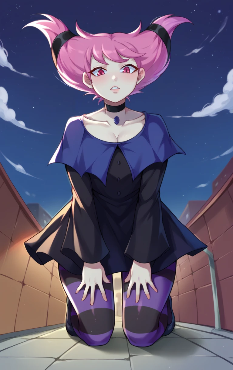 score_9,score_8_up,score_7_up pastel colors,highres BREAK <lora:jinx:1>,jinxSDXLPN,1girl,solo,short hair,pink eyes,dress,pink hair,stiped pantyhose,grey skin,choker,blush stickers,bent over,striped pantyhose,cowboy shot,from below,street,night sky,kneeling, v,