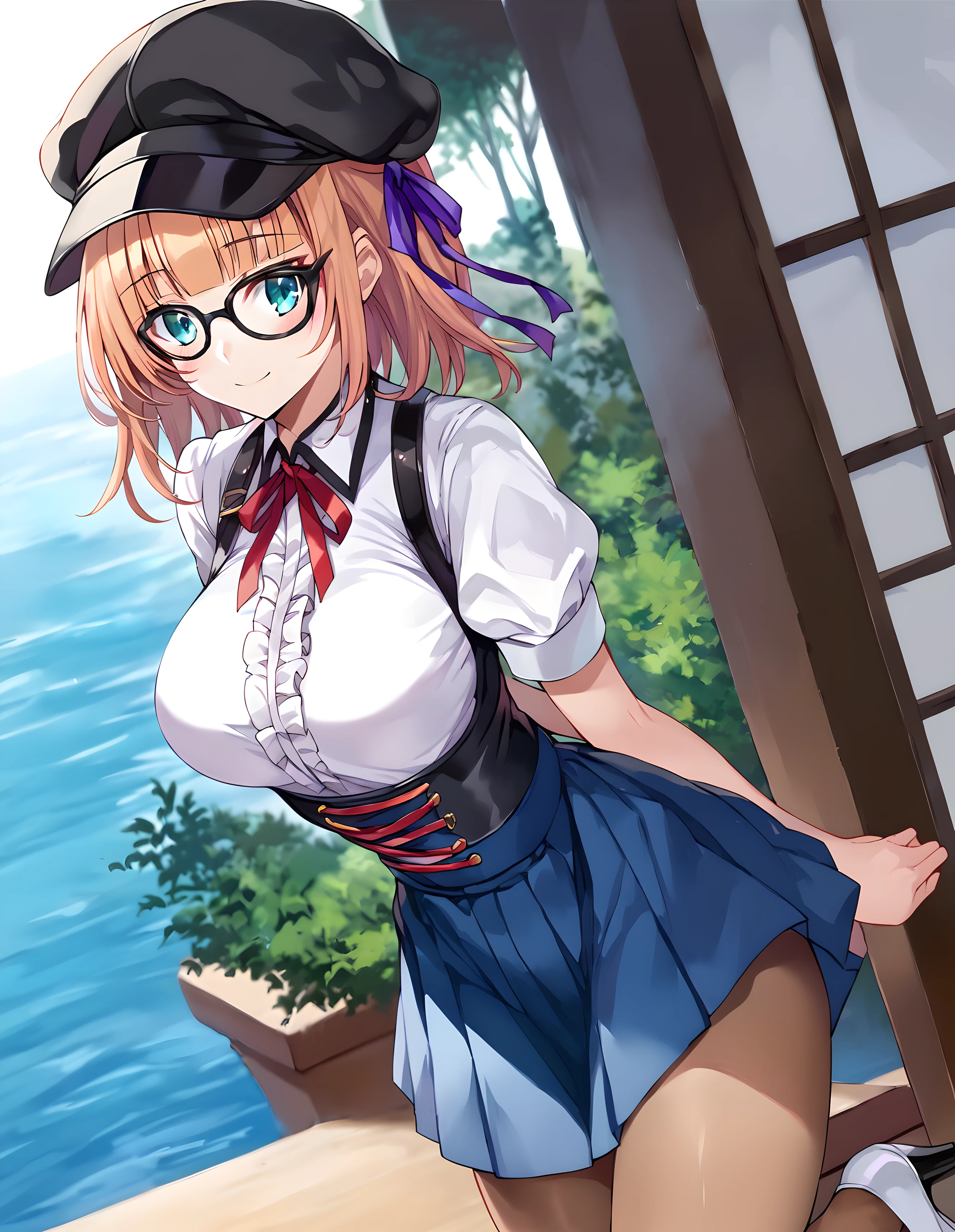 <lora:pony_xl_miyabi:0.9>,miyabi,score_9,score_8_up,score_7_up,source_anime,1girl,solo,black headwear,cabbie hat,purple ribbon,hair ribbon,black-framed eyewear,glasses,blouse,white shirt,puffy short sleeves,red ribbon,shirt tucked in,center frills,blue skirt,pleated skirt,high-waist skirt,brown pantyhose,white footwear,high heels,day,smile,blush,standing,arms_behind_back,leaning_forward,looking at viewer,