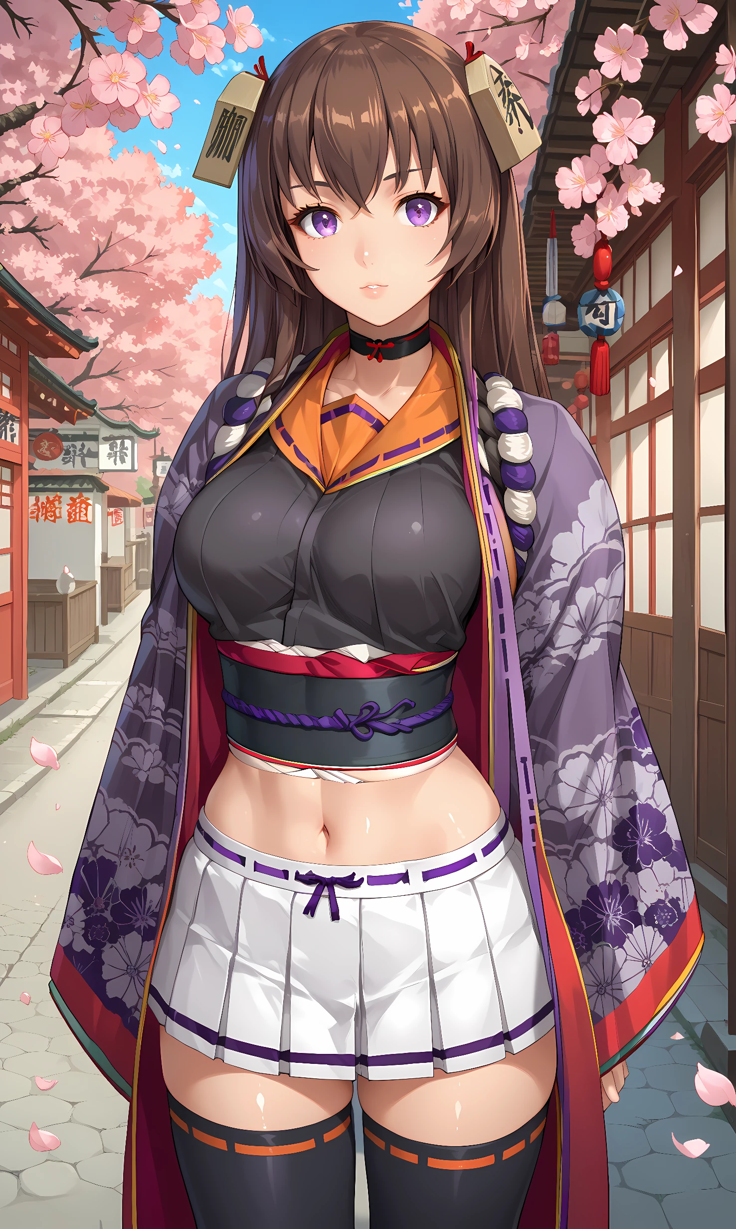 score_9, score_8_up, score_7_up, source_anime, 1girl, solo, outdoors, street, cherry blossoms, cowboy shot, standing, looking at viewer, shiny skin, tokugawa, purple eyes, brown hair, long hair, hair ornament, choker, crop top, orange serafuku, black sash, (purple kimono:1.3), open kimono, wide sleeves, kimono print, midriff, white skirt, microskirt, ribbon-trimmed skirt, black thighhighs, ribbon-trimmed legwear, black top