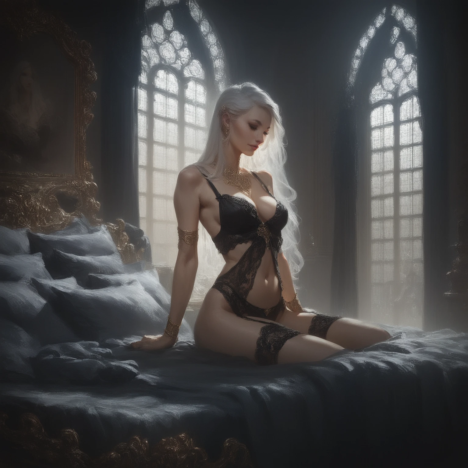 score_9, score_8_up, score_7_up, score_6_up, realistic, source_furry, cute girl,  sitting on bed. lingerie, elegant hairstyle, jewelry, long white hair, concept art, gothic, bedroom, interior, dark, sexy, black_theme, gold_theme, dim lighting, <lora:gothic_interior:0.5> <lora:Concept Art Style SDXL_LoRA_Pony Diffusion V6 XL:0.32>, <lora:Aleriav:0.5> Aleriav