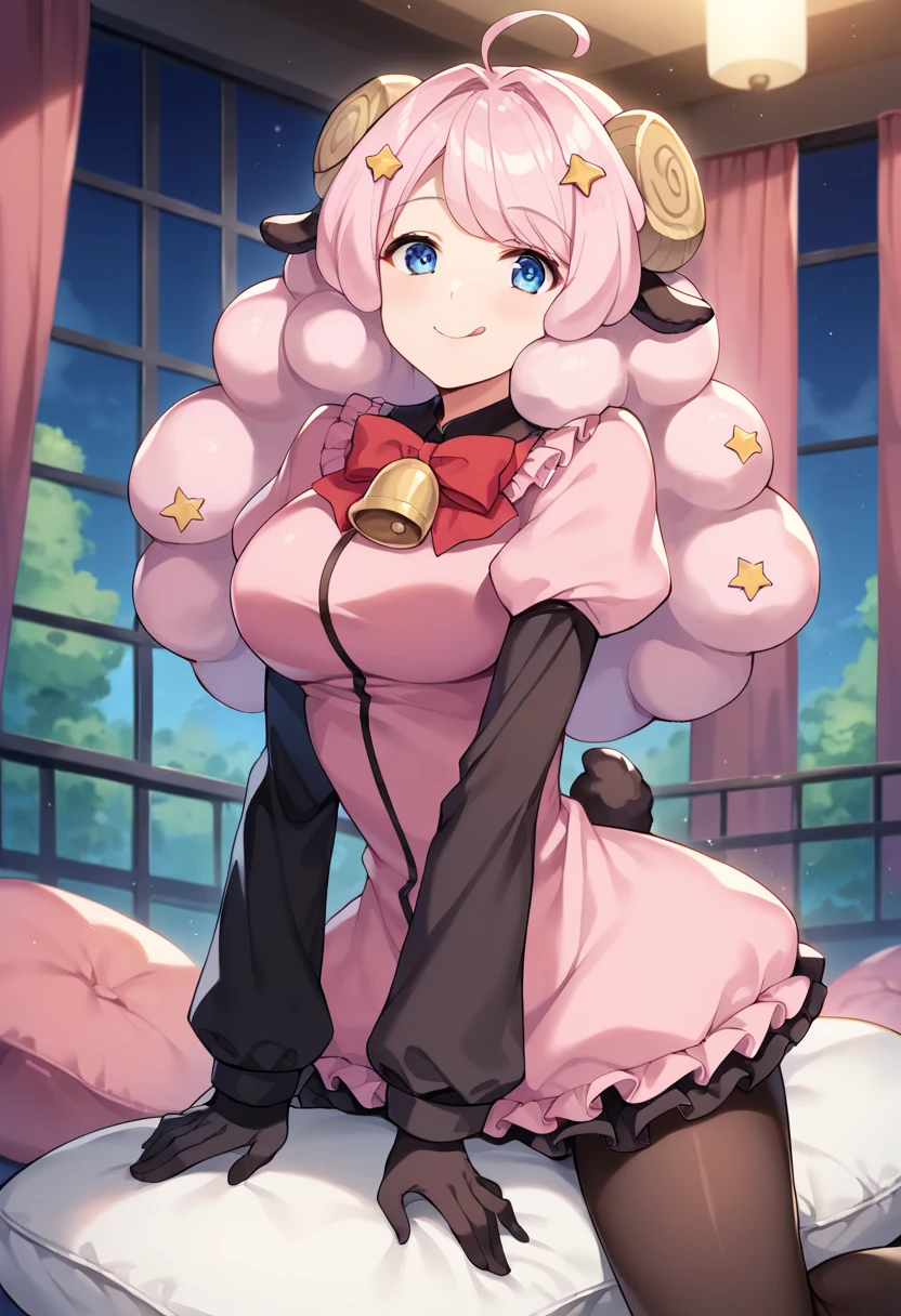 score_9,score_8_up,score_7_up,source_anime,masterpiece,best quality,game cg,1girl,solo,little_girl,large breasts,moa_(show_by_rock!!),blue eyes,ahoge,long hair,pink hair,horns,sheep ears,sheep horns,star hair ornament,star (symbol),pink dress,long sleeves,puffy sleeves,black  sleeves,bell,red bow,pantyhose,black gloves,<lora:moaSB69:1>,looking_at_viewer,smile,bedroom,closed mouth,tongue,cushion,straddling on cushion,hand_between_legs,dynamic_angle,night,naughty_face,