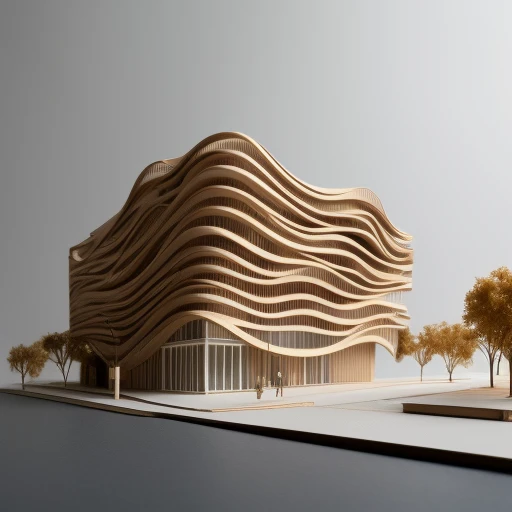 smref architectural model, A detailed architectural model of a multi-story building with a modern design. The structure is characterized by a series of evenly spaced, wavy wooden slats that create a wave-like pattern on its facade. The building is constructed with a light-colored wood, possibly beige or light brown, and has a smooth finish. The model is set against a dark background, which accentuates the building's details. The base of the model is intricately designed with tree-like structures and pathways, and there are small figures of people, possibly visitors or architectural professionals, walking around the base. The overall style of the image is contemporary, with a focus on clean lines, geometric shapes, and a minimalist aesthetic., simple_background, outdoors, tree, no_humans, black_background, building, scenery, bare_tree<lora:Architectural_Model_Style:0.65>