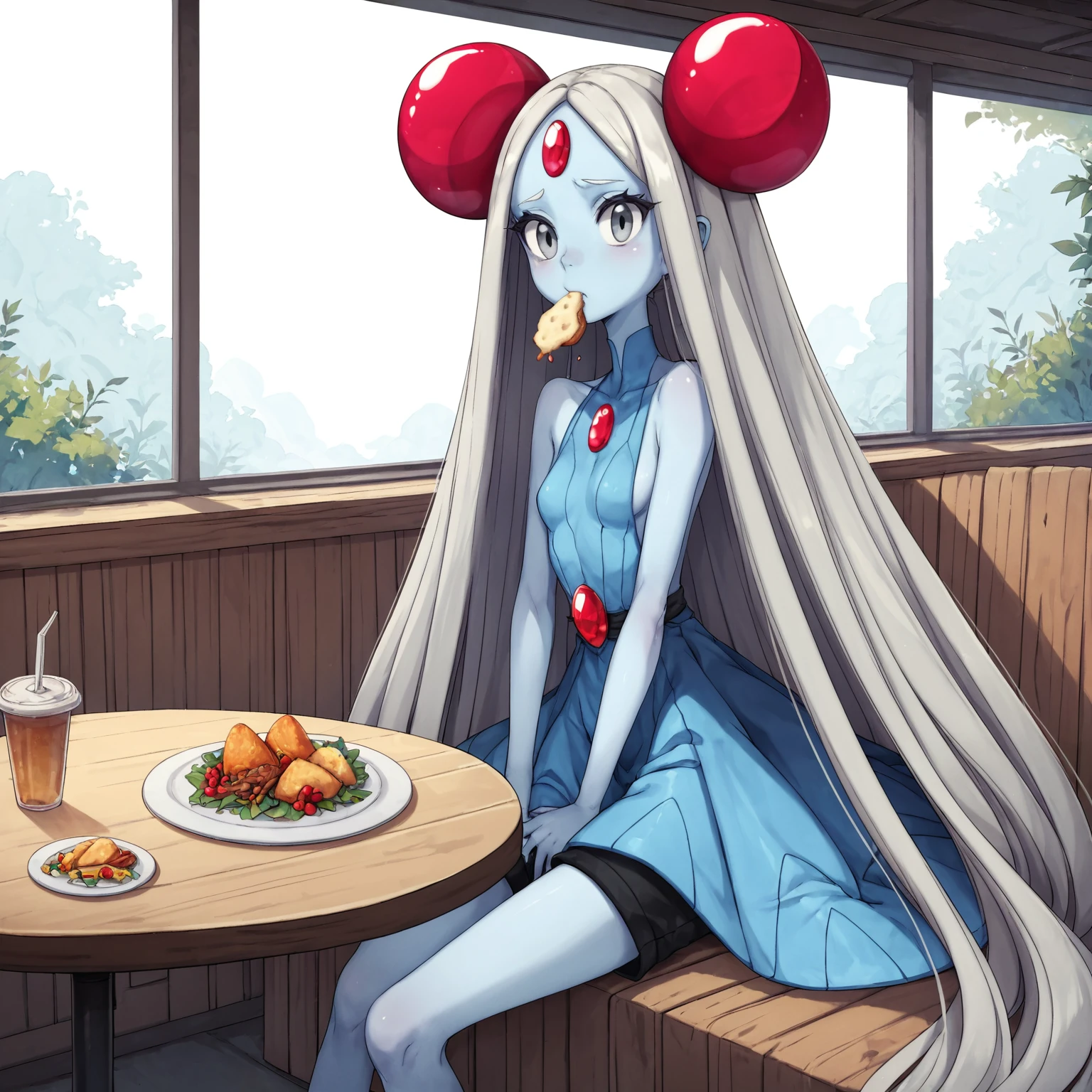 score_4_up, score_5_up, score_6_up, score_7_up, score_8_up, score_9, (1girl, solo), Tentacruel \(pokemon\), personification, humanized pokemon, human, pale blue skin, colored skin, forehead jewel, red jewels hair ornament, very long hair, grayish hair, ((emotionless)), gray eyes, (skinny, pufy black shorts, light blue dress), side boobs, dress skirt, sitting, restaurant, on public, eating, nervous,
<lora:Human_Tentacruel_Pokemon:0.75>