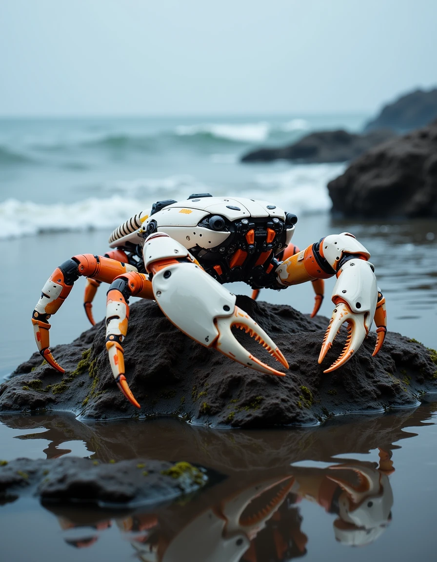 3/4 side full shot photography of a crab, tough armor white shell and powerful crushing pincers, tough exoskeleton, on a rock of a beach, algae, dark water, waves, overcast lighting, by AITK robotics, 