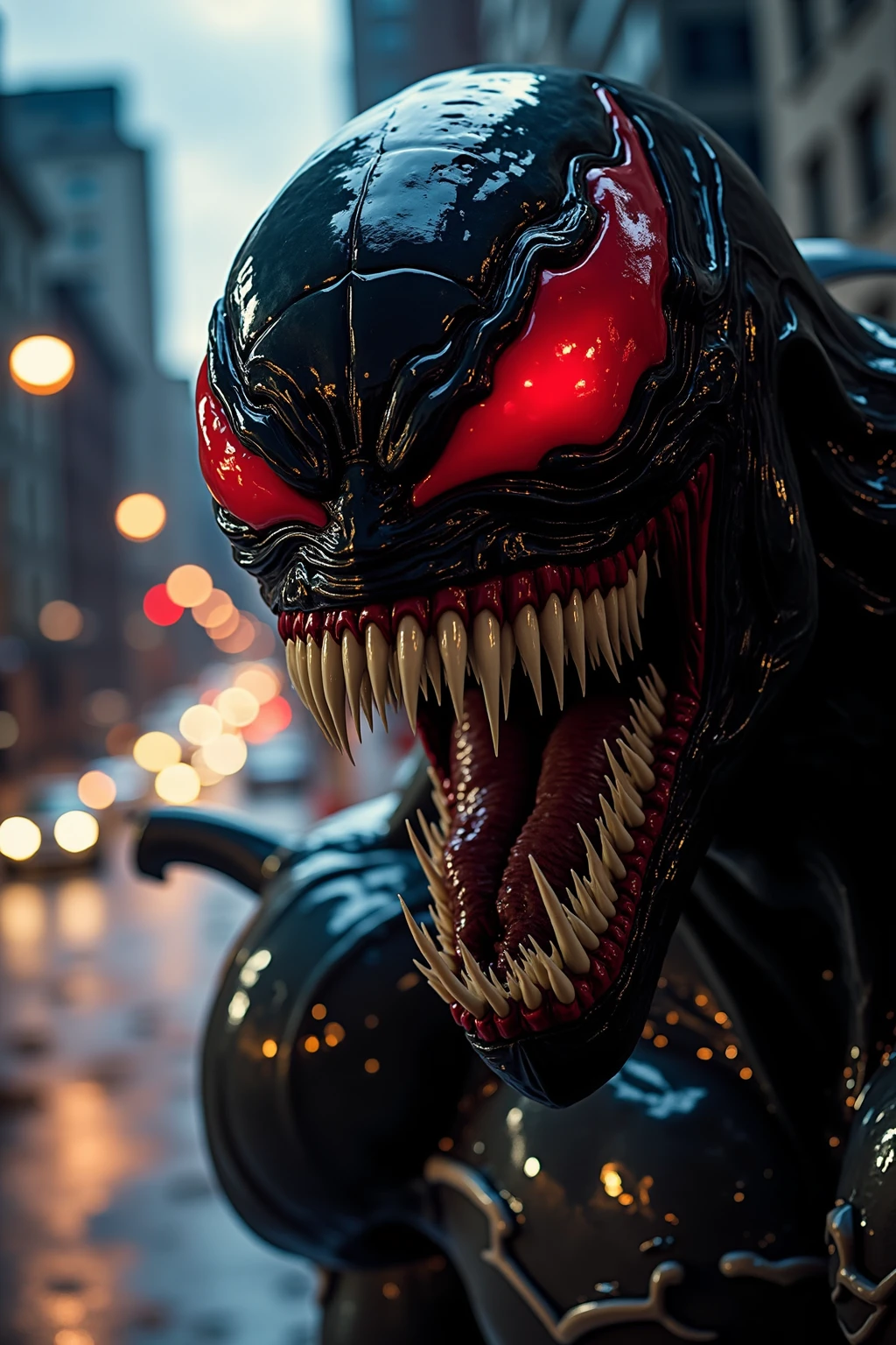 A close-up shot of Venom's scaly face, his eyes glowing with an eerie red light in a dark, gritty cityscape at dusk. The camera captures every detail of his snarling expression as he bares his teeth, the streets behind him shrouded in shadows and neon lights.