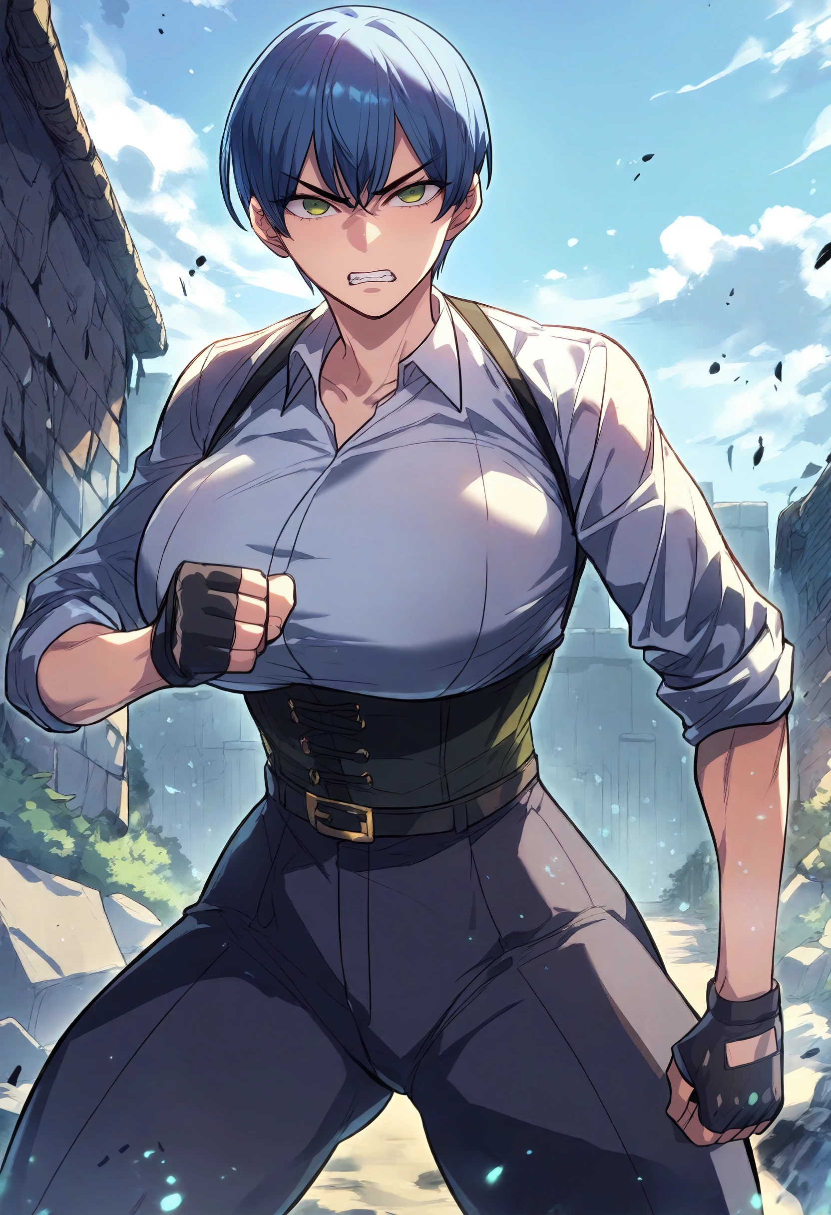 score_9, score_8_up, score_7_up, score_6_up, source_anime, rating_explicit, 1girl, (solo:1.1), huge breasts, <lora:Yoo Ah-yeong prefectPonyxl:0.9> short hair, green eyes, blue hair, white shirt, collared shirt, sleeves rolled up, black corset, black belt, black gloves, black pants, serious, clenched teeth, dungeon, outdoors, standing, looking at viewer, (fighting stance:1.1)