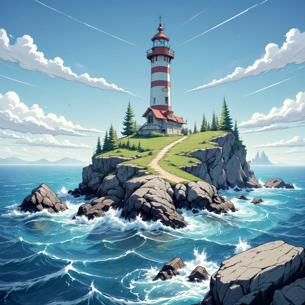 lighthouse, small rocky island, ocean waves, bright sunlight, studio ghibli <lora:marvelmixv1_rank16_bf16-step05000:1>