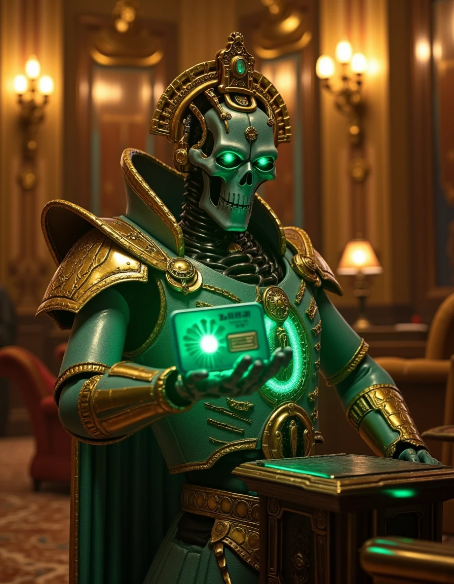 In a photorealistic scene, a Necron dressed as a hotel concierge stands in a luxurious lobby, offering a glowing green keycard to a guest. The Necron’s metallic hands and cold, glowing eyes create a surreal contrast against the opulent surroundings and plush décor.