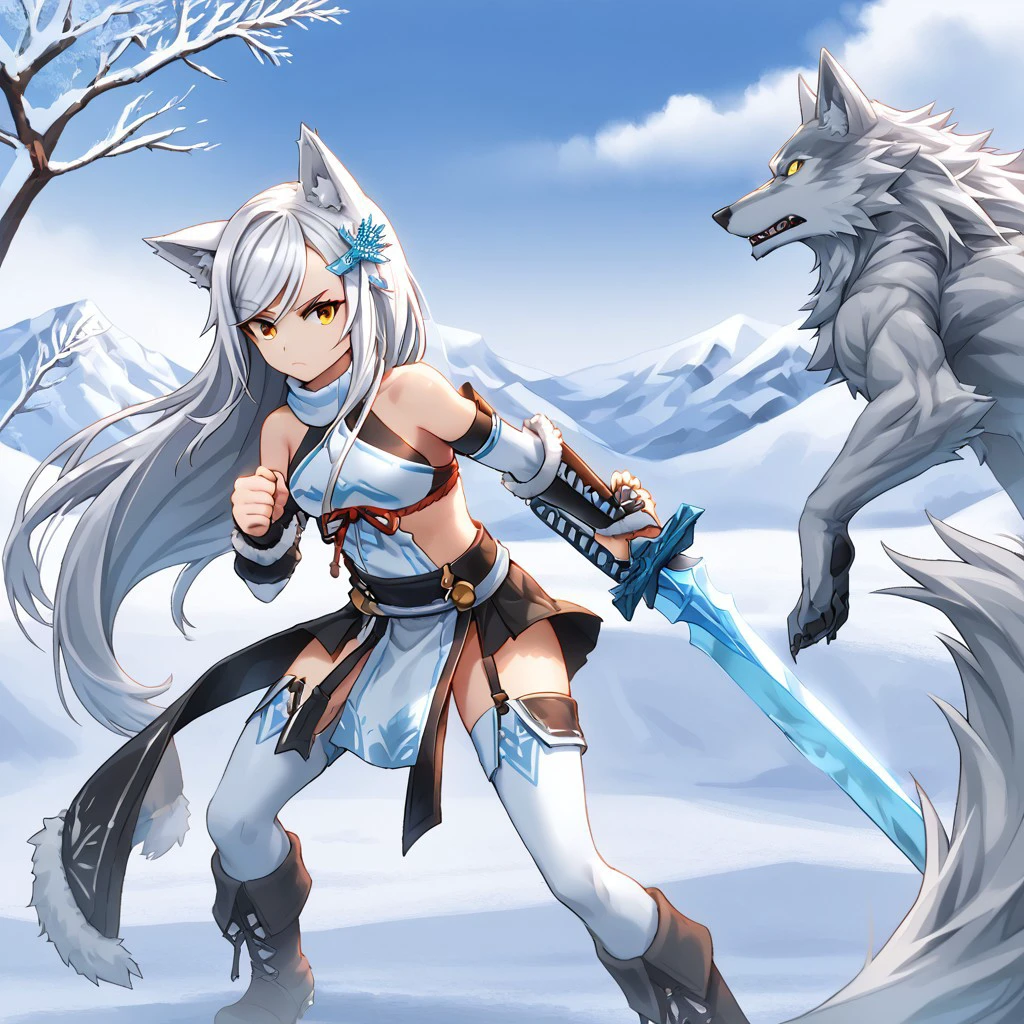 Elbow gloves,fur bikini, snow hair ornament, long hair, white thighhigh, swept bangs, long sword,wolf ears,wolf clan girl,, fighting wolf,eye glare at wolf,pack of wolf, battle pose,hand hold long  sword, Snowy mountain background