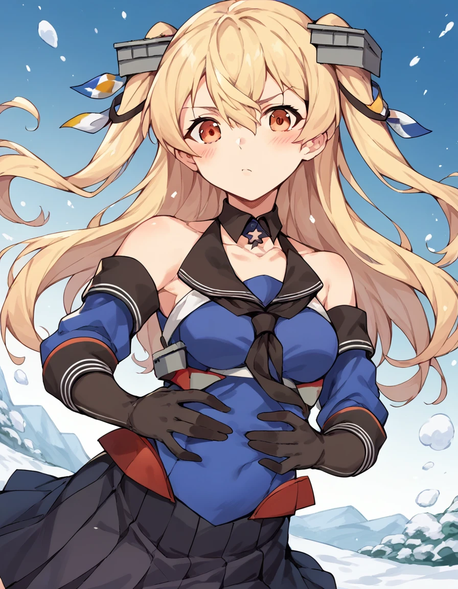 score_9, score_8_up, score_7_up, source_anime, <lora:kancolle-johnston-ponyxl-lora-nochekaiser_r1:1>, johnston, johnston (kancolle), blonde hair, hair between eyes, hair ornament, long hair, medium breasts, orange eyes, two side up, bare shoulders, black gloves, black skirt, collarbone, elbow gloves, headgear, pleated skirt, sailor collar, school uniform, single elbow glove, skirt, blue shirt, long sleeves,, snow day, winter clothes, snowball fight, laughter, cold breath, white landscape, , looking at viewer, hands on stomach, blush,, solo,, cowboy shot, dutch angle