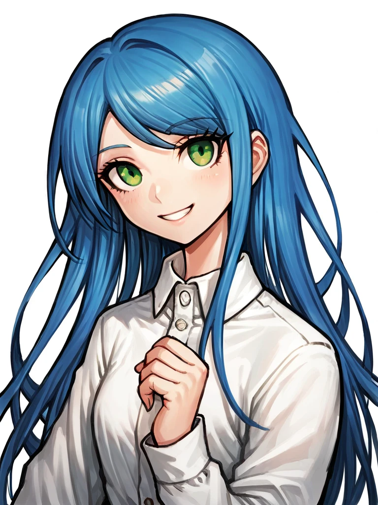 score_9, score_8_up, score_7_up, 
1girl, white background, blue hair, long hair, green eyes, smile, looking at viewer, white shirt, long sleeves, 
