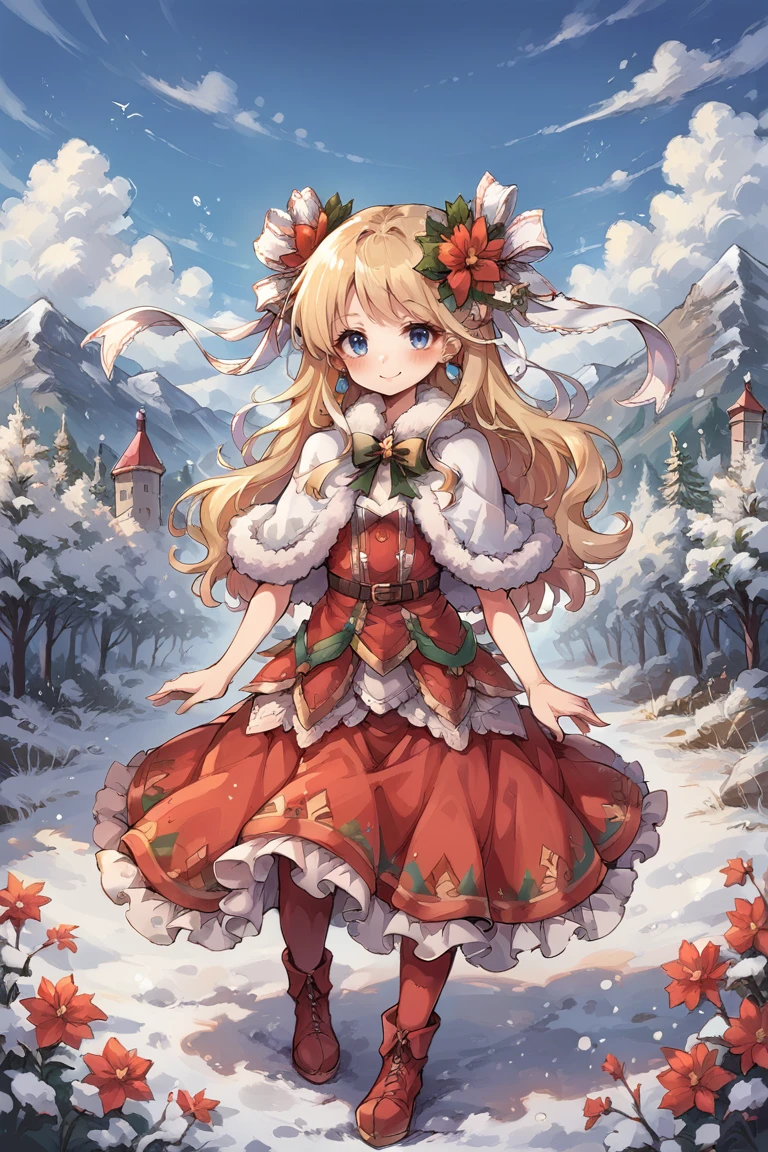 (score_9, score_8_up, score_7_up), source anime,  <lora:backgroundsetXL:0.2> , background,  exterior, winter, snow, scenery, blue sky, BREAK
<lora:Priscilla:0.75> , prdef, 1girl, blonde hair, blue eyes, long hair, hair ornament, hair ribbon, white hair ribbon, hair flower, earrings, fur-trimmed capelet, capelet, dress, red dress, layered dress, frilled dress, boots, red pantyhose, perfect hands, smile, blush, looking at viewer, cowboy shot,  <lora:d4rkpurpXLP:0.4> , d4rkpurp,