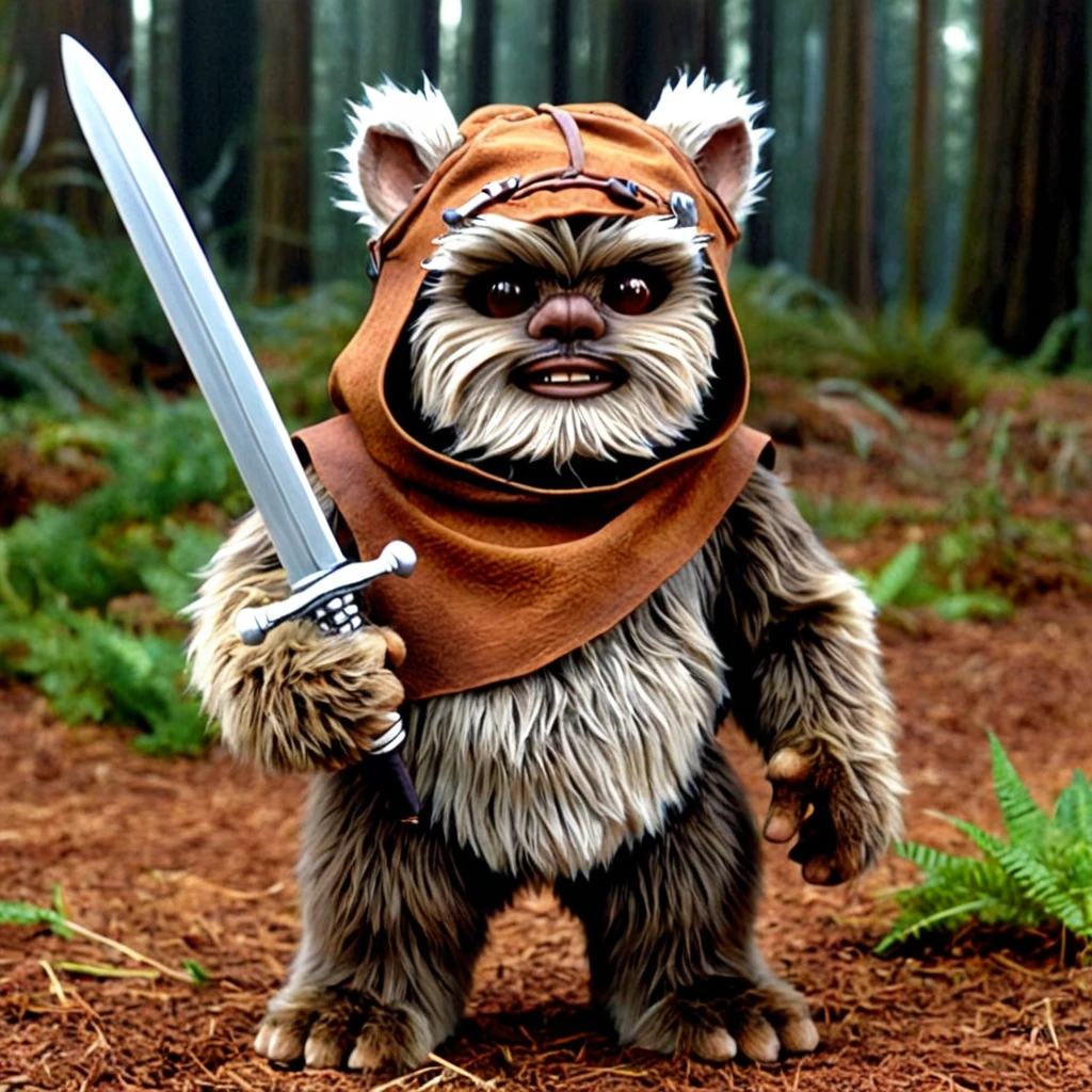 <lora:Ewok:1>
Ewok a cartoon character with a sword and a hat, detailed, sharp, cinematic, small, furry, mammaloid, bipeds in the Star Wars universe, solo, smile, weapon, teeth, grin, no humans, polearm