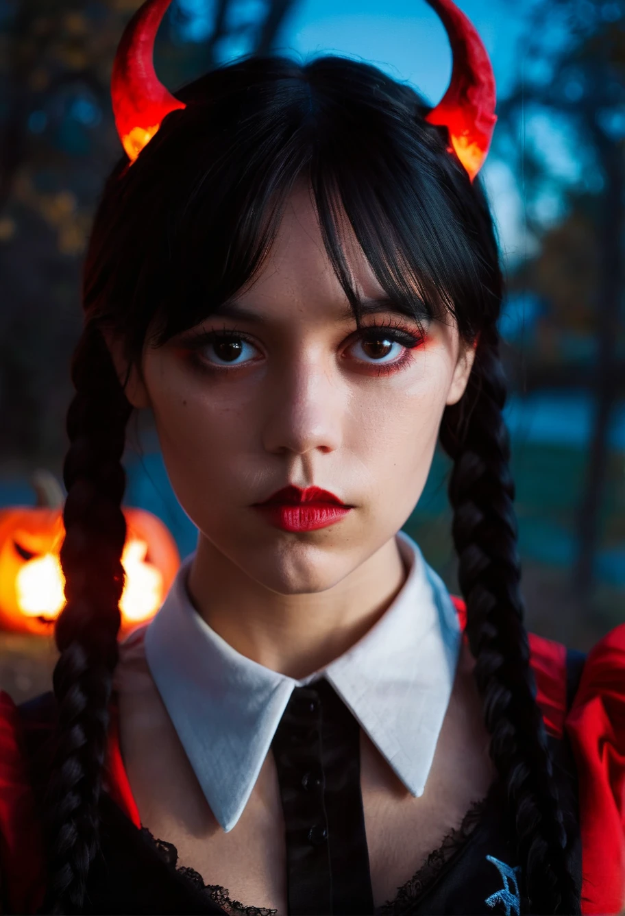 a beautiful picture of w3dn3sday, braided pigtails,upper body, photorealistic, woman, detailed, backlighting, light, RAW color photo,(fully in frame:1.1), detailed skin texture, (blush:0.5), (goosebumps:0.5),wearing red devil hallowen cosplay,devil horns,night outdoors,<lora:w3dnesday_100:1>