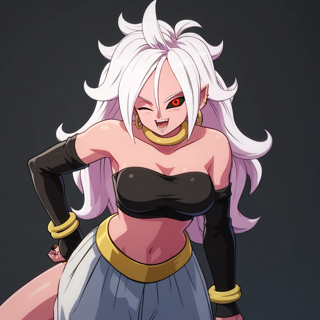 score_9, score_8_up, score_7_up, score_6_up, score_5_up, simple background, black background, <lora:Android_21_Fighterz_Style:0.8>, 1girl, solo focus, solo, android21fz, pink skin, black sclera, red eyes,  tube top, midriff, navel, white hair, long hair,  elbow gloves, bare shoulders, bracelet, white pants, android 21,  BREAK leaning forward, open mouth, one eye closed, looking at viewer, light smile, standing, upper body, hand on own hip,