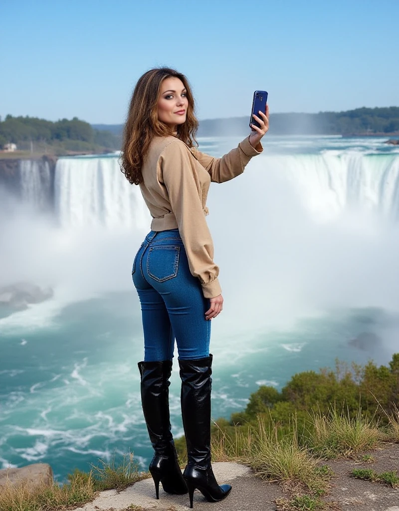 Laure Sainclair is wearing abuttondown shirt, tight jeans, highheel highboots. She is taking a selfie in front of the niagara falls <lora:Laure_Sainclair:0.9>