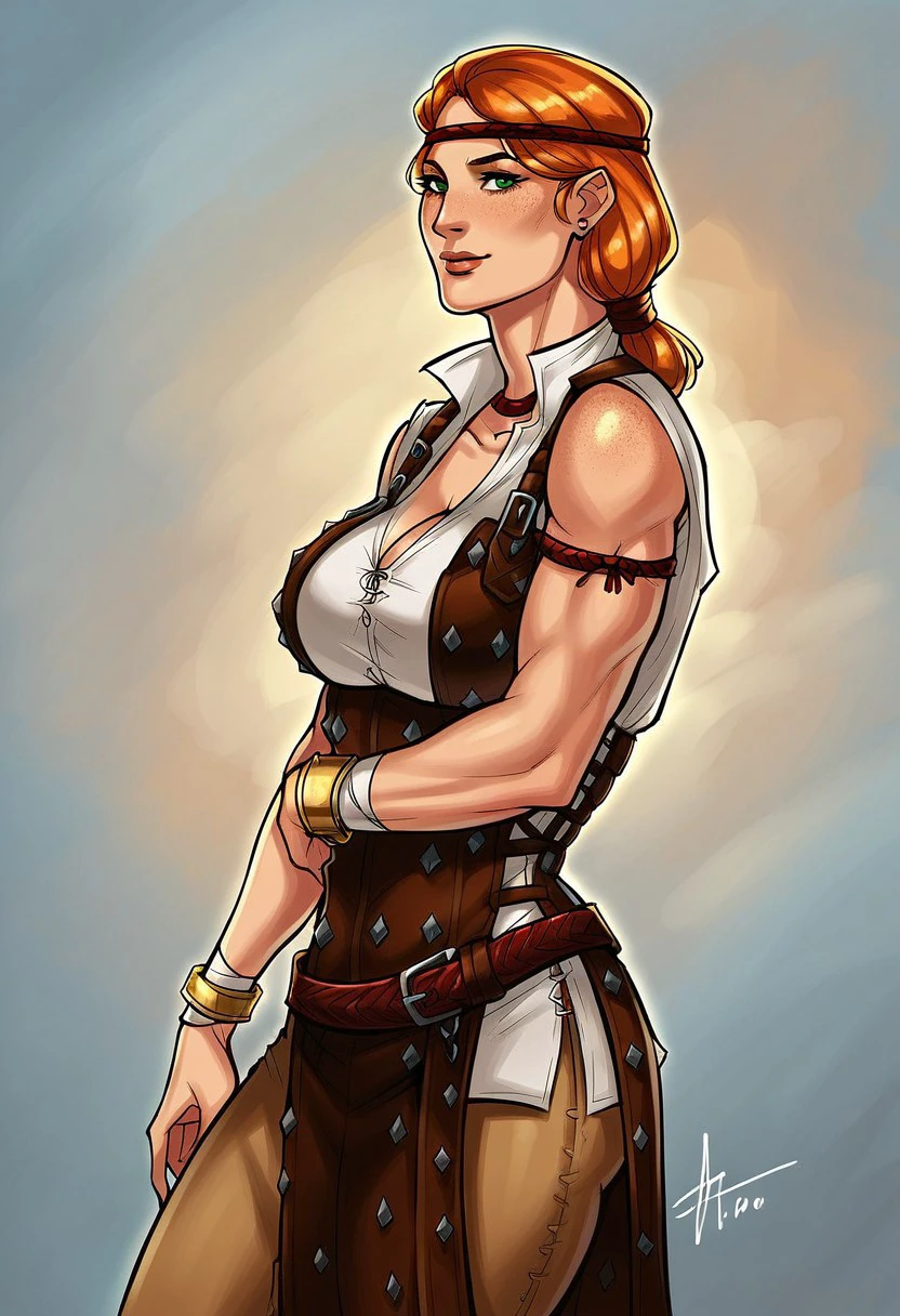 Aveline Vallen,1girl,solo,orange hair,freckles,green eyes,large breast,headband,boots,pants,bracelet,cleavage,belt,lips,shirt,armor,necklace,sleeveless,choker,armlet,anklet,vest,biceps,seductive pose,sexual pose,
score_9, score_8_up, score_7_up, beautiful aesthetic, very intricate, high quality details,vibrant, highly detailed, award-winning, professional,anime artwork, anime style, studio anime, athletic, toned female,muscular milf,curvy body, athletic girl,fit girl,  round breasts, ,looking at viewer, pinup pose,teasing, dynamic lighting, cinematic, smug, better than you, aura of temptation, highly detailed, high resolution, masterpiece, detailed clother, detailed background, highly detailed, ((sound effects)) comic layout,