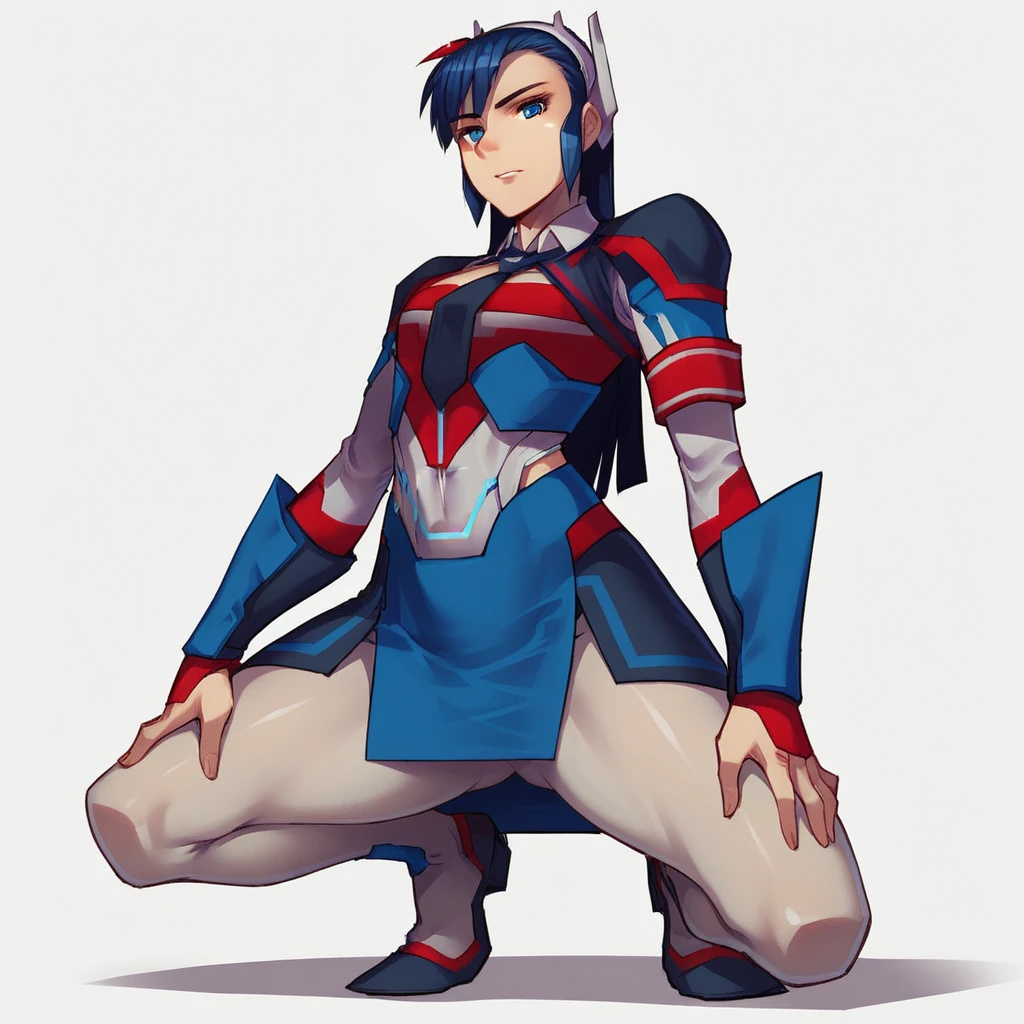 score_9_up, score_8_up, BREAK, UltraMagnus, 1girl, solo, blue hair, long hair, blue eyes, shirt, necktie, skirt, bracer, pantyhose, squatting, spread legs, <lora:UltraMagnus_cnmbwjx_PXL_Leaf1:1>, looking at viewer, hands on knee