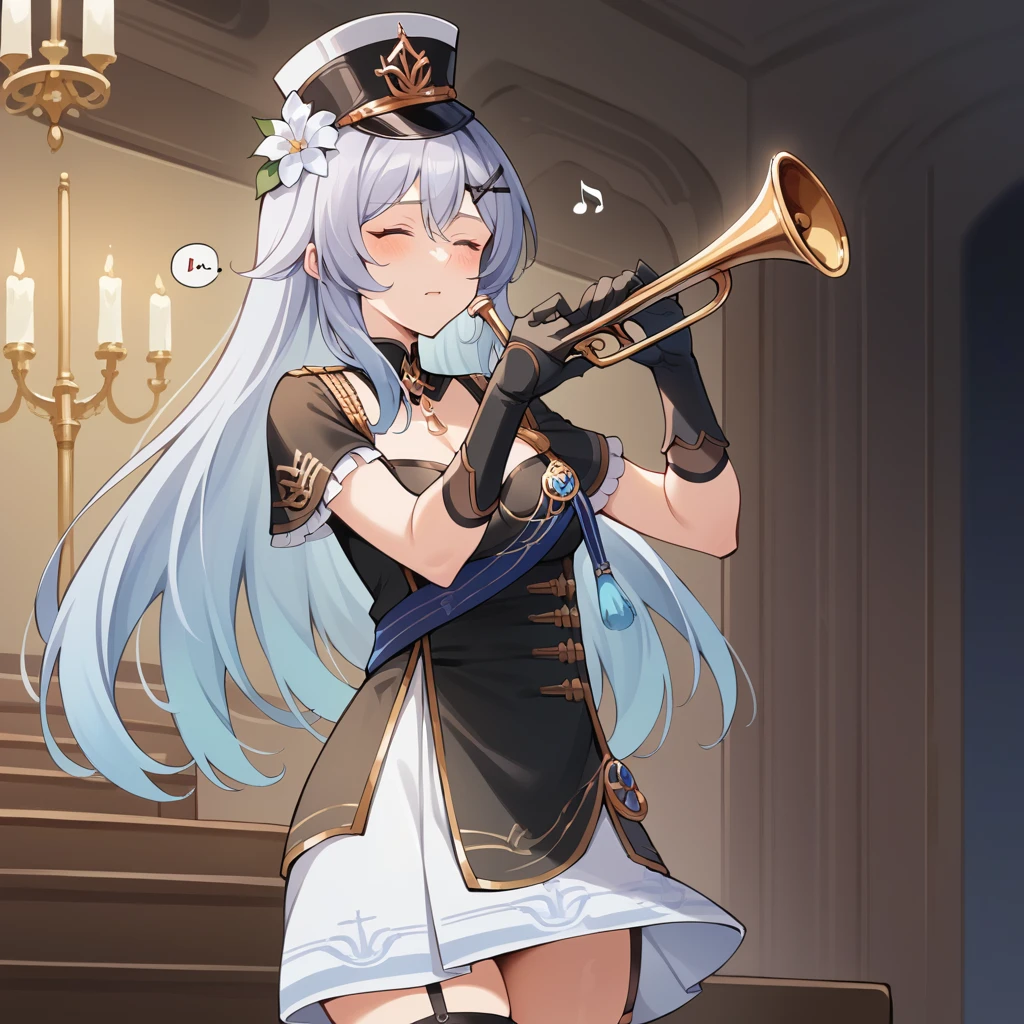 score_9_up, score_8_up, score_7_up, source_anime, 1girl, solo, Hela, AG_Muse, grand hall, luxurious interior, chandelier, standing on stage, closed eyes, holding trumpet to mouth, instrument, musical notes, slight blush, nervous, playing trumpet, black dress, military uniform, long hair, light blue hair, purple eyes, thighhighs, black thighhighs, military dress, layered skirt, gold trim, blue strap, hairclip, white skirt, black skirt, black footwear, thigh boots, garter strap, black gloves, military hat, detached collar, cleavage cutout, small breasts, black sleeves, short sleeves, white flower, hat flower, mature body, dynamic cowboy shot, indoors, grand hall background