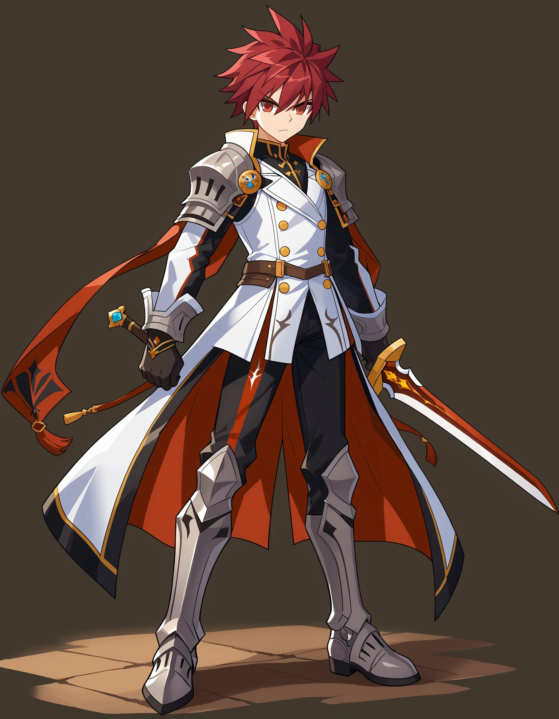 (masterpiece), best quality, expressive eyes, perfect face, elsword, weapon, sword, armor, gloves, pants, full body, black gloves, boots, spiked hair, holding weapon, holding sword, black pants, holding, surcoat, shoulder armor, knee boots, serious, standing, left-handed, pauldrons, armored boots, tachi-e, <lora:51a04244-d159-484b-ab1b-893490cfde2b:0.7>