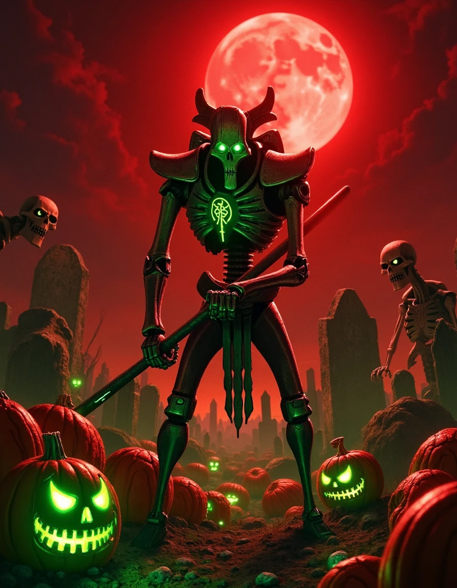 In photorealism, a Necron stands in a graveyard under a blood-red moon, its eyes glowing an eerie green. Surrounding it are crumbling tombstones and skeletal hands rising from the ground. Pumpkins with glowing green faces flicker ominously in the foreground.