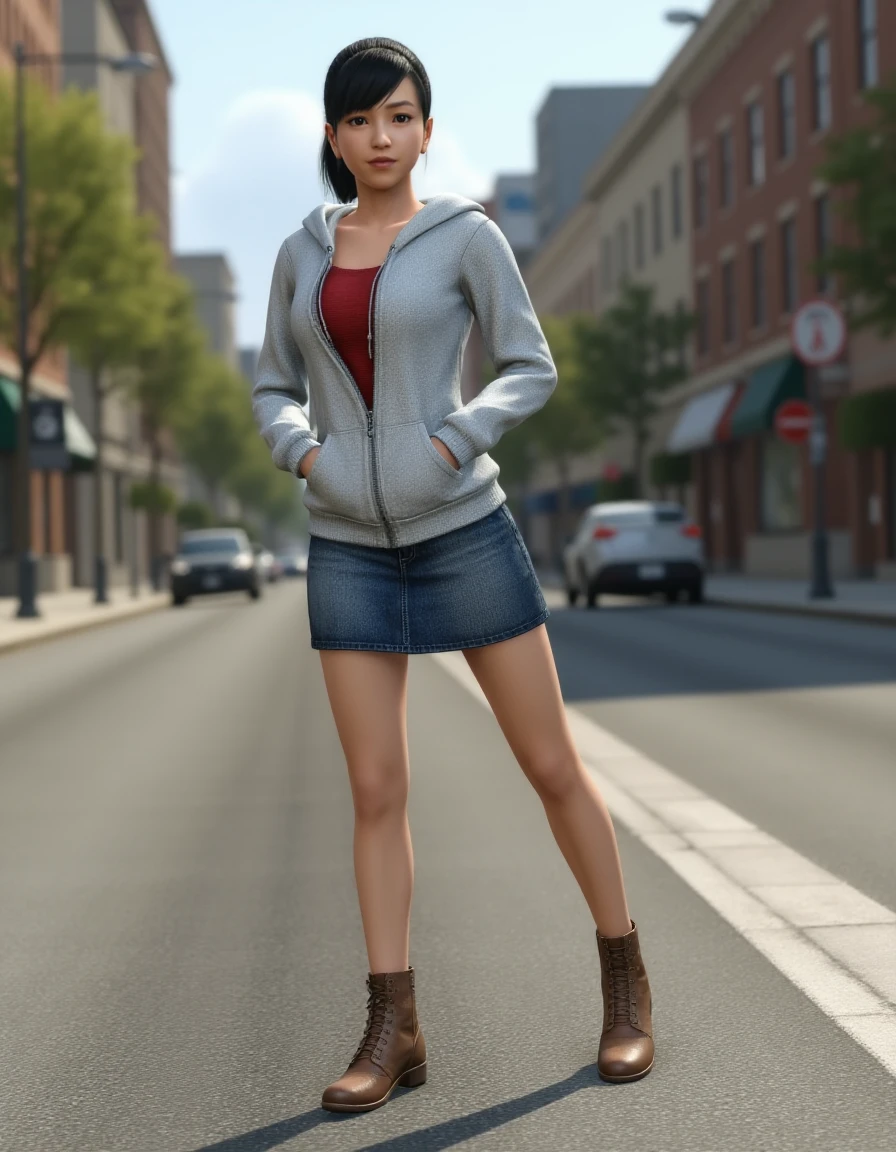 <lora:Haruka_Sawamura:0.8> Video game screenshot. Full-body photo of hrkswmr making a photoshoot pose in the middle of street. She has side-swept ponytail and is wearing a grey hoodie with red t-shirt underneath, denim skirt and brown boots.